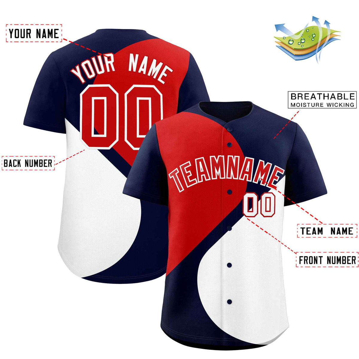 Custom Navy Red-White Color Block Personalized Half Heart Pattern Authentic Baseball Jersey| KXKSHOP