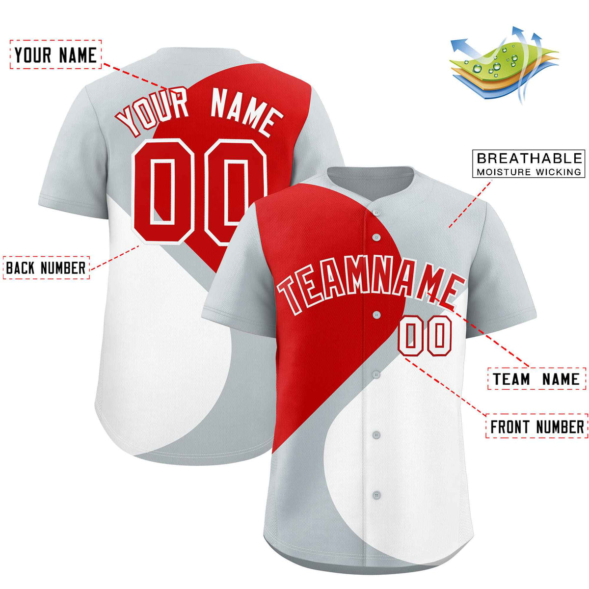 Custom Silver Red-White Color Block Personalized Half Heart Pattern Authentic Baseball Jersey| KXKSHOP
