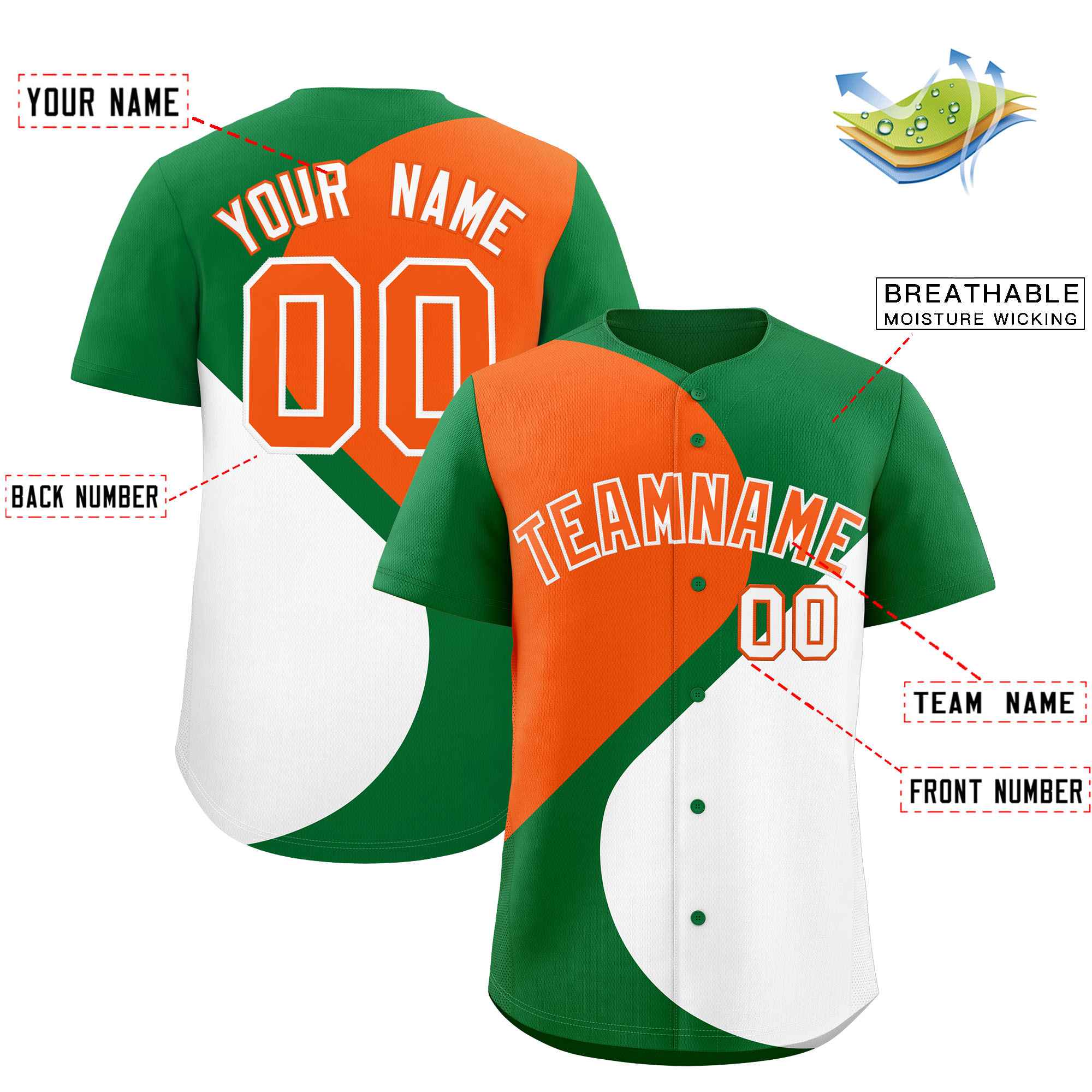 Custom Kelly Green Orange-White Color Block Personalized Half Heart Pattern Authentic Baseball Jersey| KXKSHOP