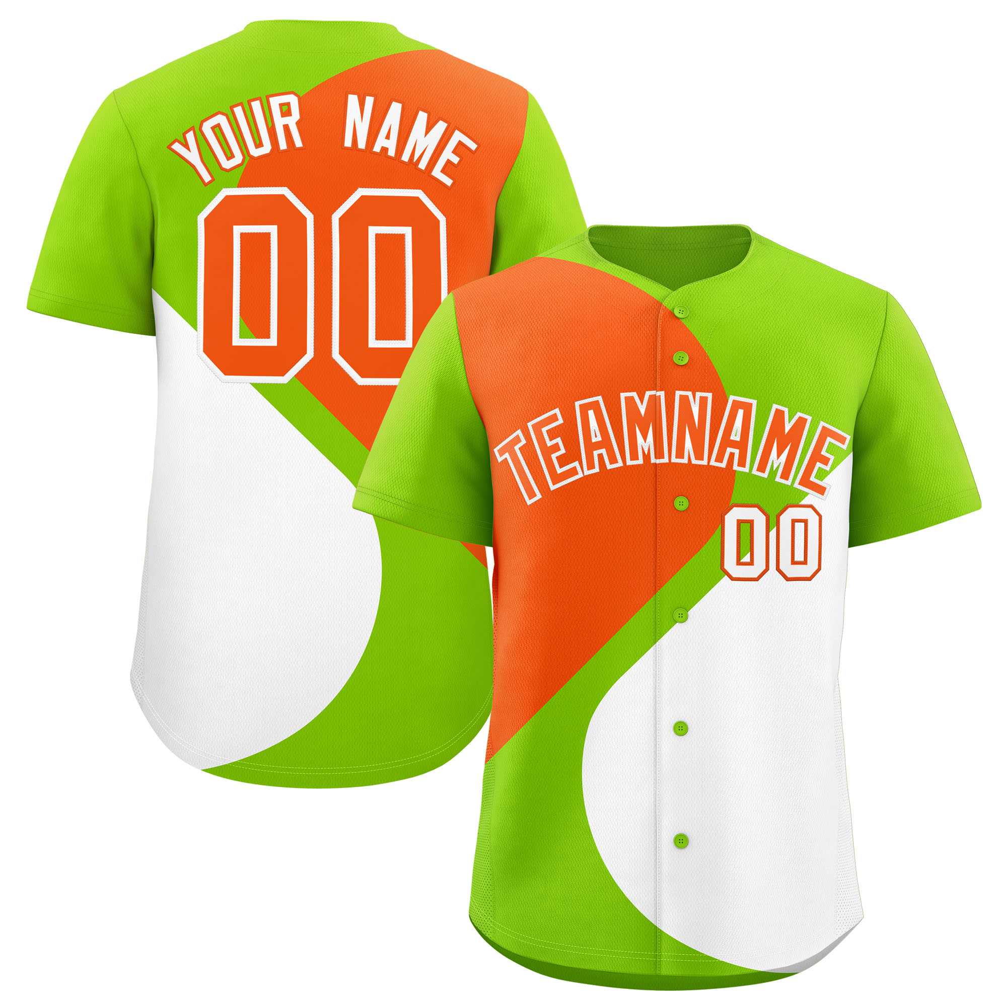 Custom Neon Green Orange-White Color Block Personalized Half Heart Pattern Authentic Baseball Jersey| KXKSHOP
