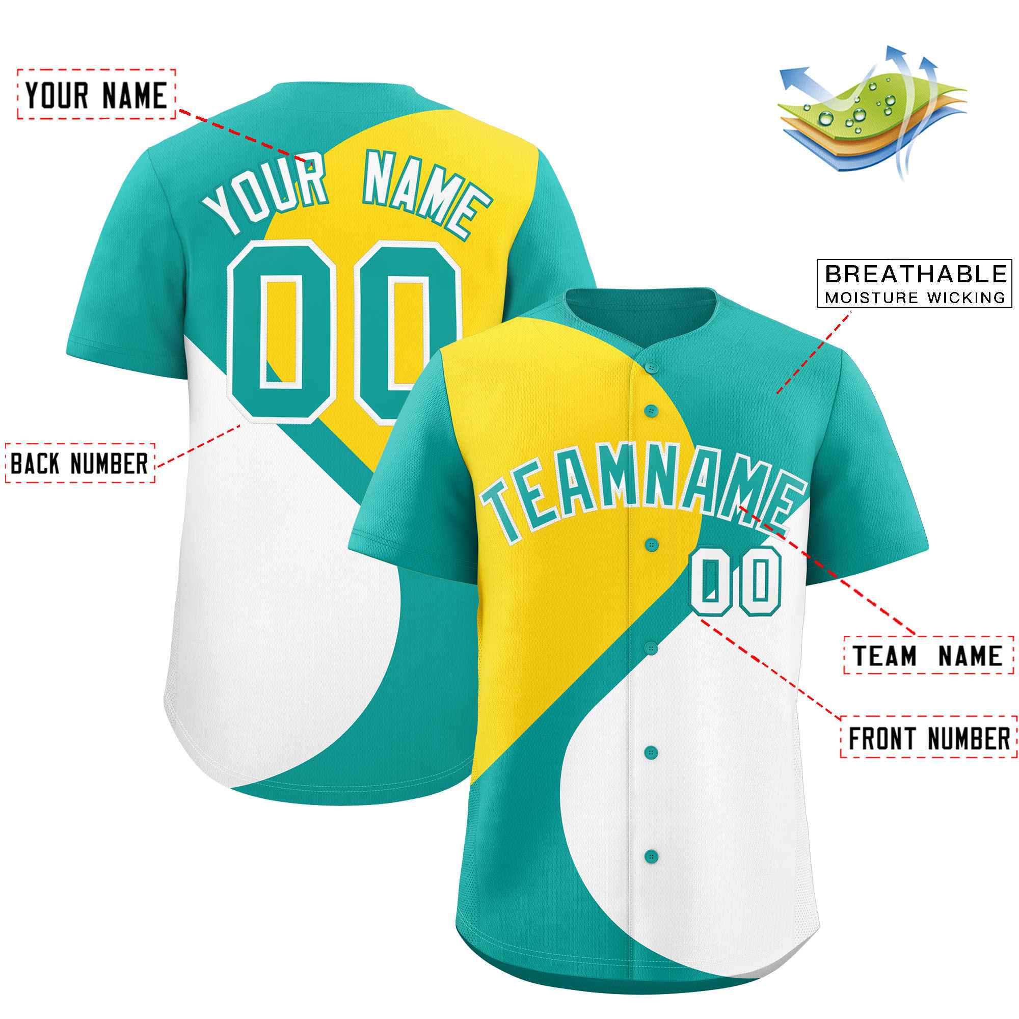 Custom Aqua Gold-White Color Block Personalized Half Heart Pattern Authentic Baseball Jersey| KXKSHOP