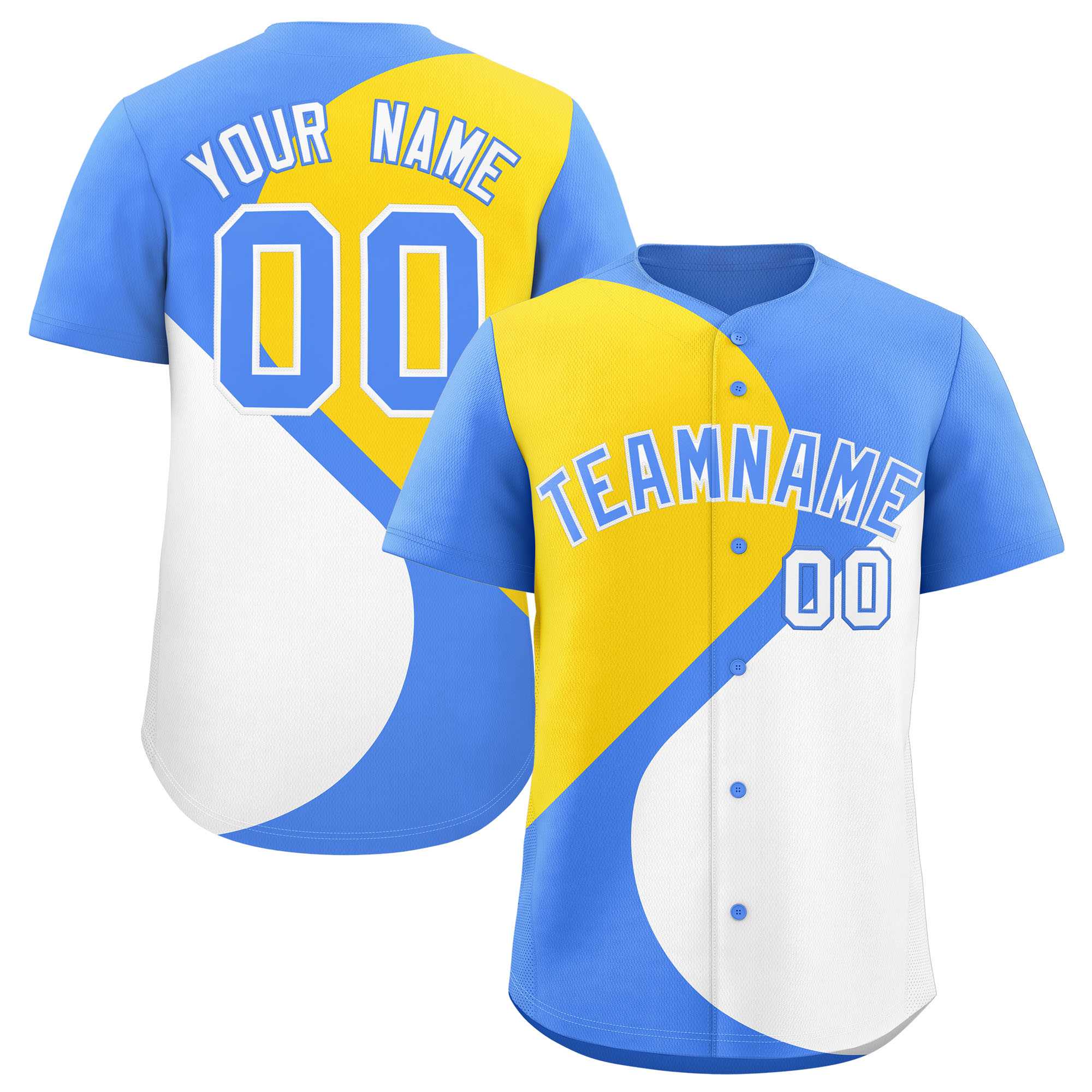Custom Powder Blue Gold-White Color Block Personalized Half Heart Pattern Authentic Baseball Jersey| KXKSHOP