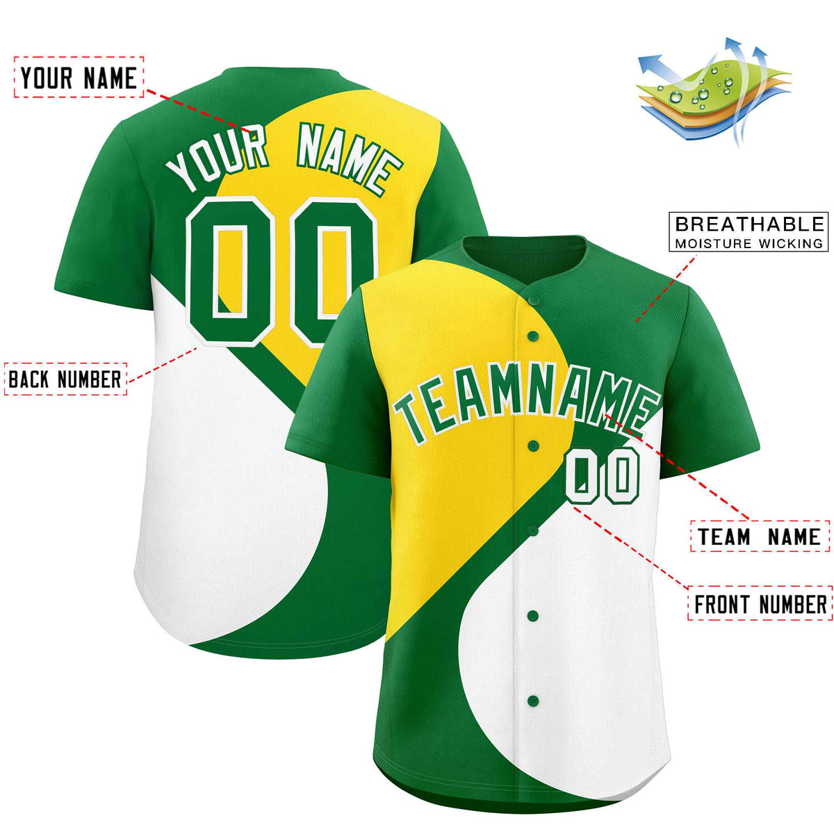 Custom Kelly Green Gold-White Color Block Personalized Half Heart Pattern Authentic Baseball Jersey| KXKSHOP