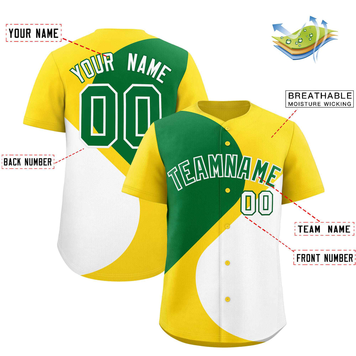 Custom Gold Kelly Green-White Color Block Personalized Half Heart Pattern Authentic Baseball Jersey| KXKSHOP