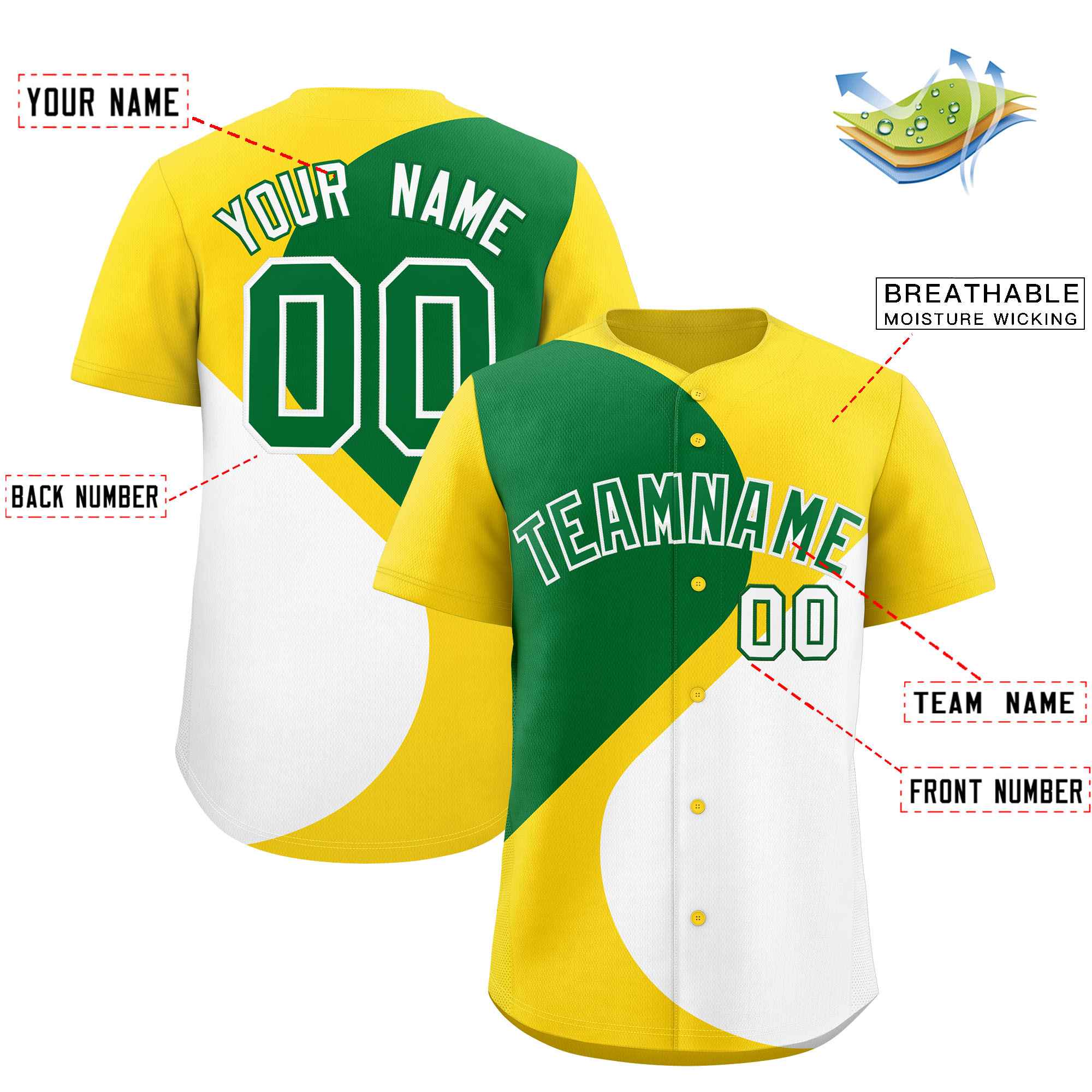 Custom Gold Kelly Green-White Color Block Personalized Half Heart Pattern Authentic Baseball Jersey| KXKSHOP