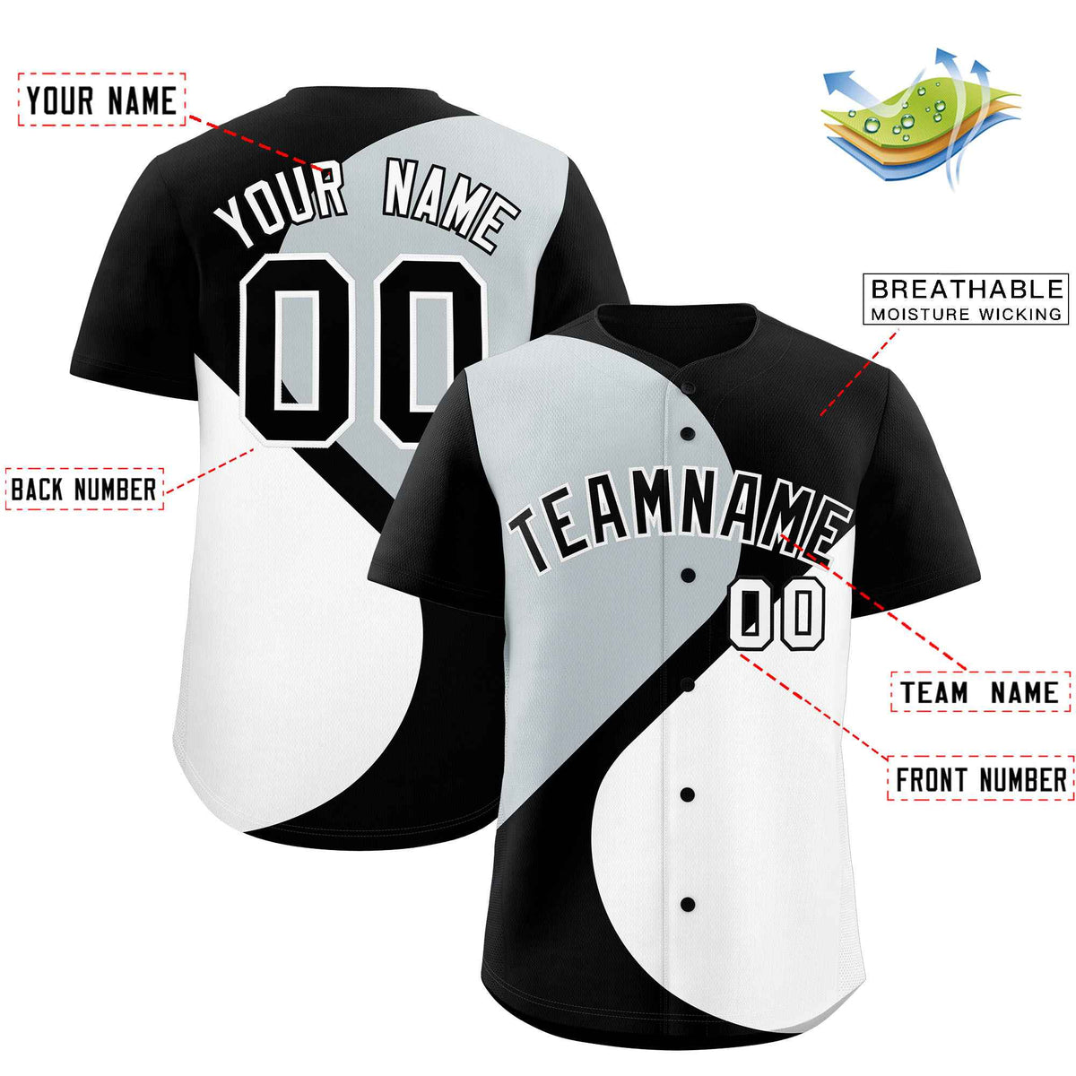 Custom Black Silver-White Color Block Personalized Half Heart Pattern Authentic Baseball Jersey| KXKSHOP