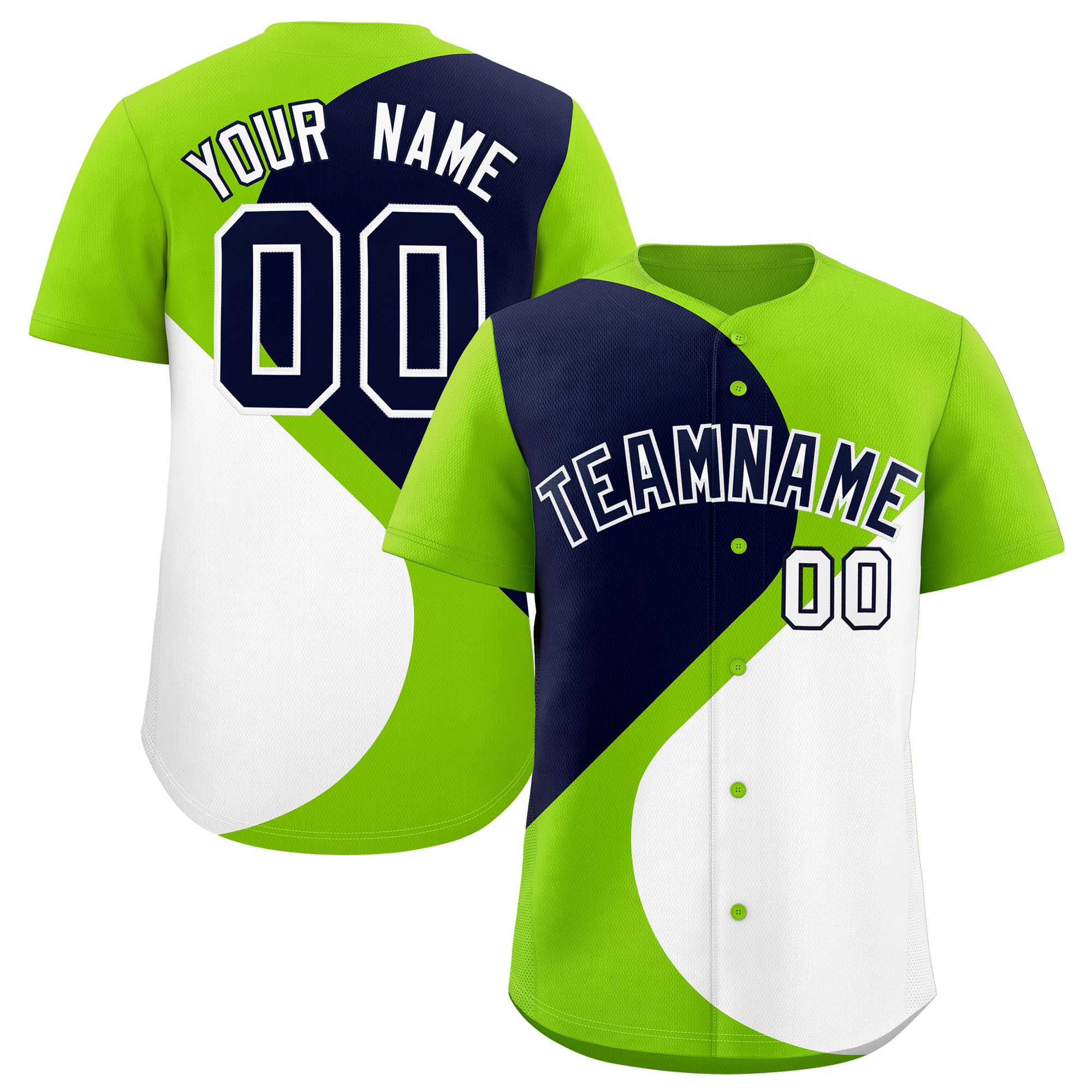 Custom Neon Green Navy-White Color Block Personalized Half Heart Pattern Authentic Baseball Jersey| KXKSHOP