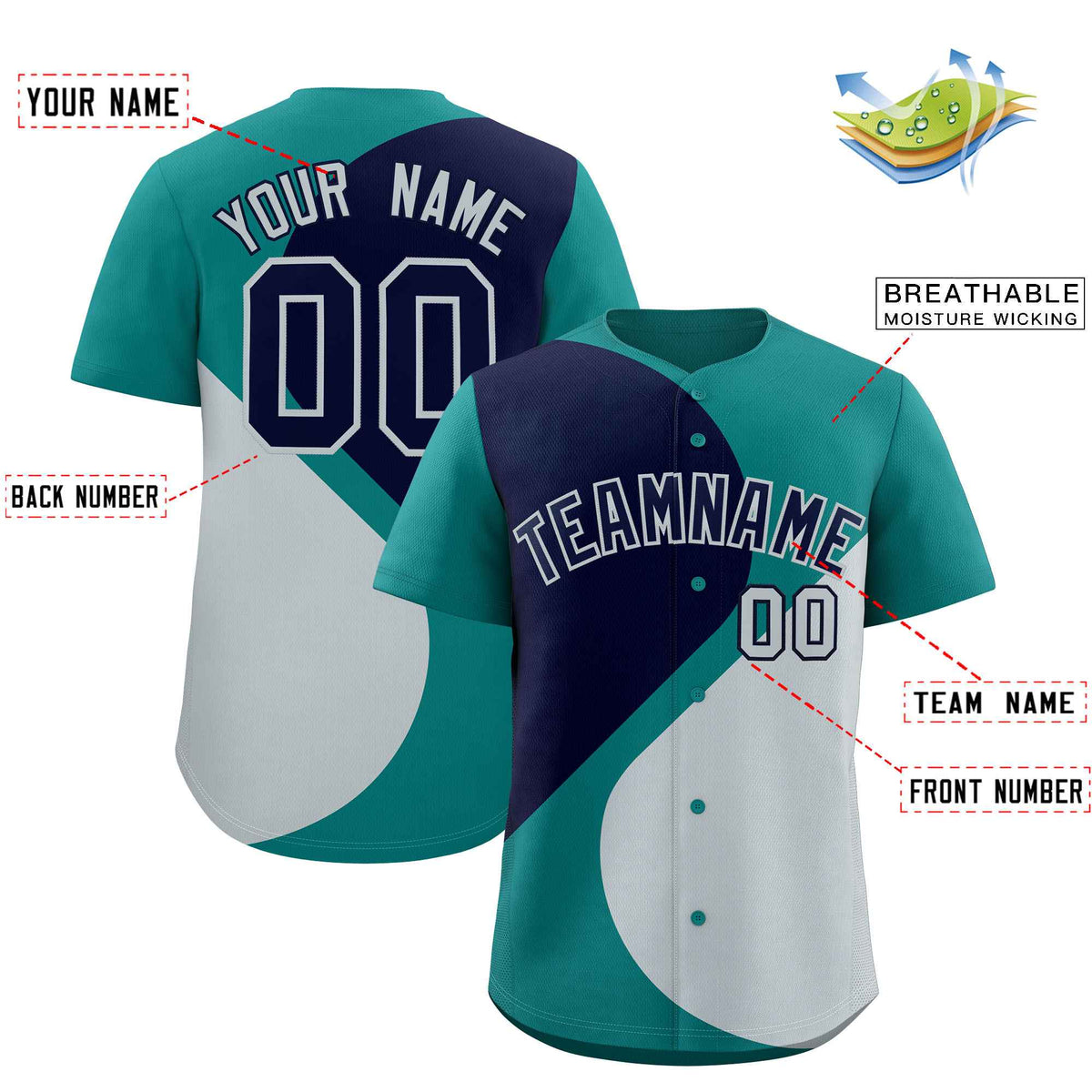 Custom Aqua Navy-Silver Color Block Personalized Half Heart Pattern Authentic Baseball Jersey| KXKSHOP