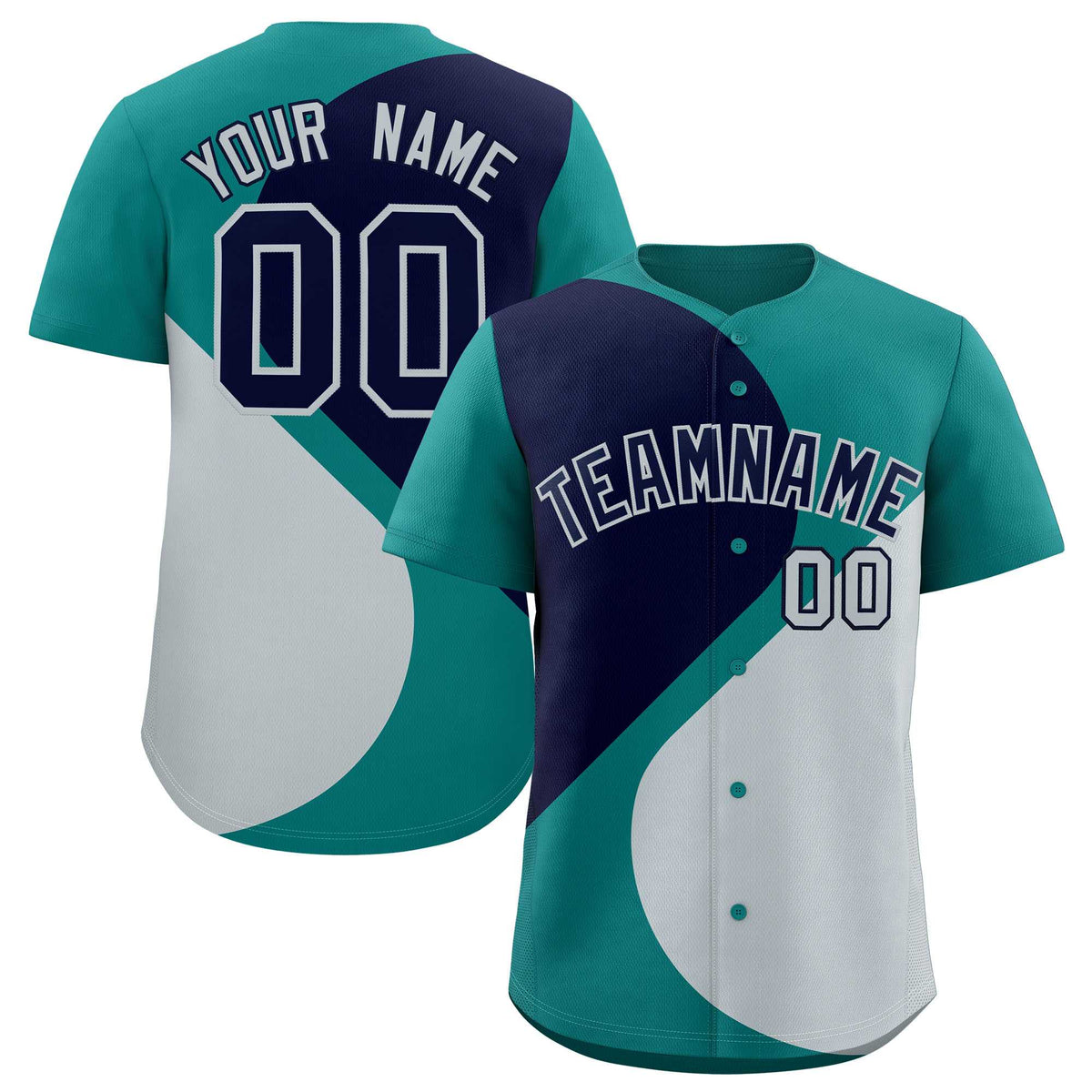 Custom Aqua Navy-Silver Color Block Personalized Half Heart Pattern Authentic Baseball Jersey| KXKSHOP