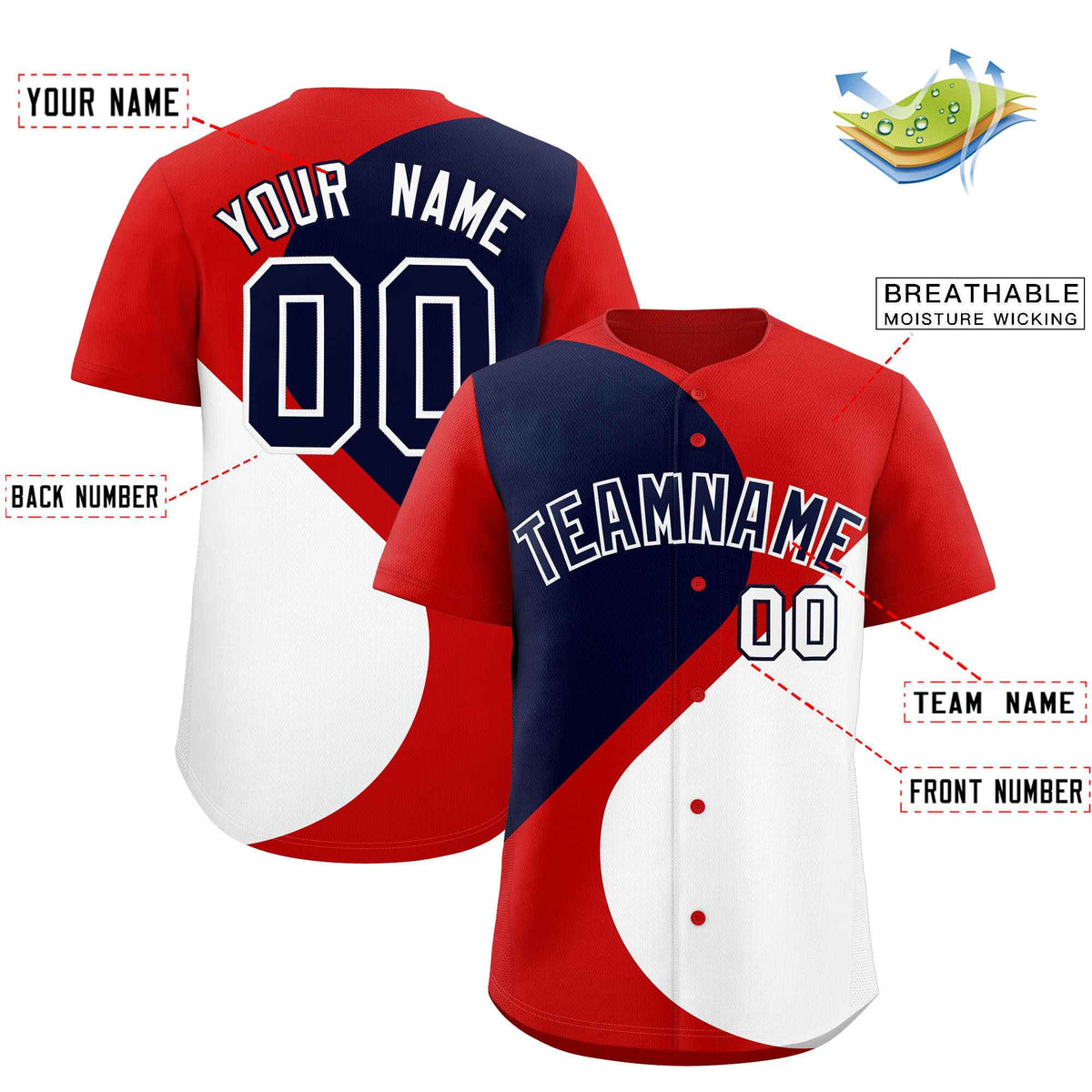 Custom Red Navy-White Color Block Personalized Half Heart Pattern Authentic Baseball Jersey| KXKSHOP