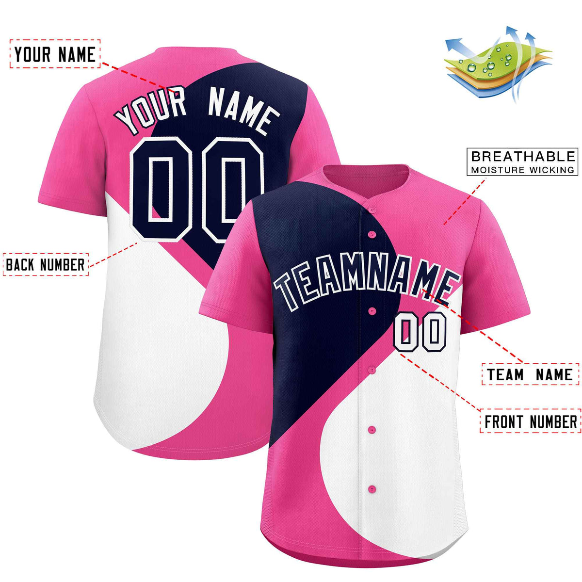 Custom Pink Navy-White Color Block Personalized Half Heart Pattern Authentic Baseball Jersey| KXKSHOP
