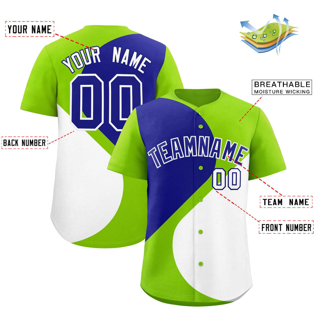 Custom Neon Green Royal-White Color Block Personalized Half Heart Pattern Authentic Baseball Jersey| KXKSHOP