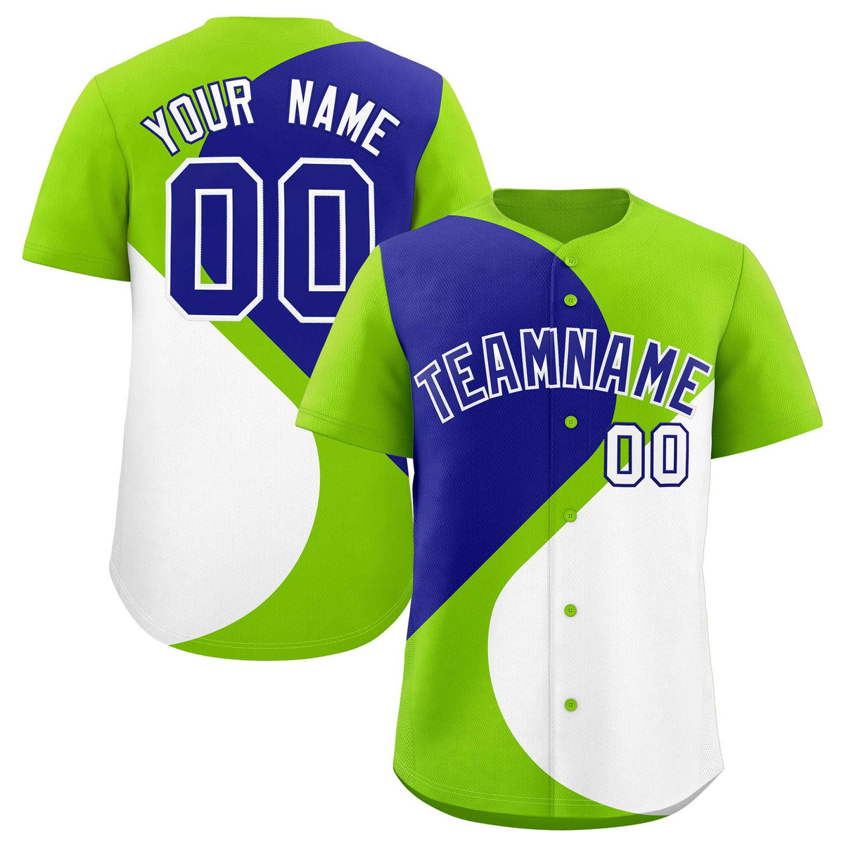 Custom Neon Green Royal-White Color Block Personalized Half Heart Pattern Authentic Baseball Jersey| KXKSHOP