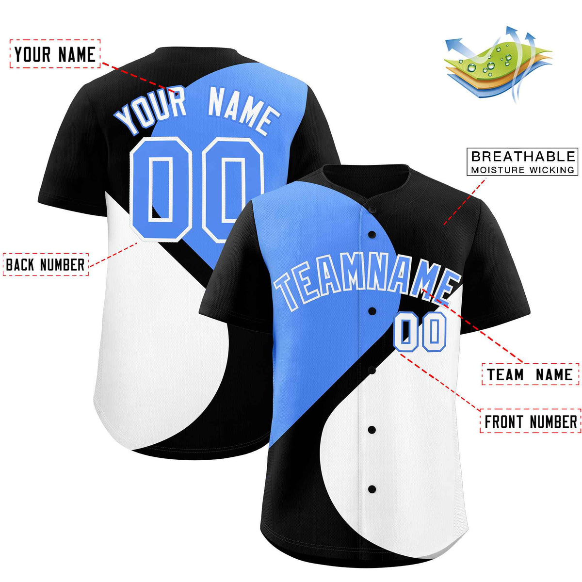 Custom Black Powder Blue-White Color Block Personalized Half Heart Pattern Authentic Baseball Jersey| KXKSHOP