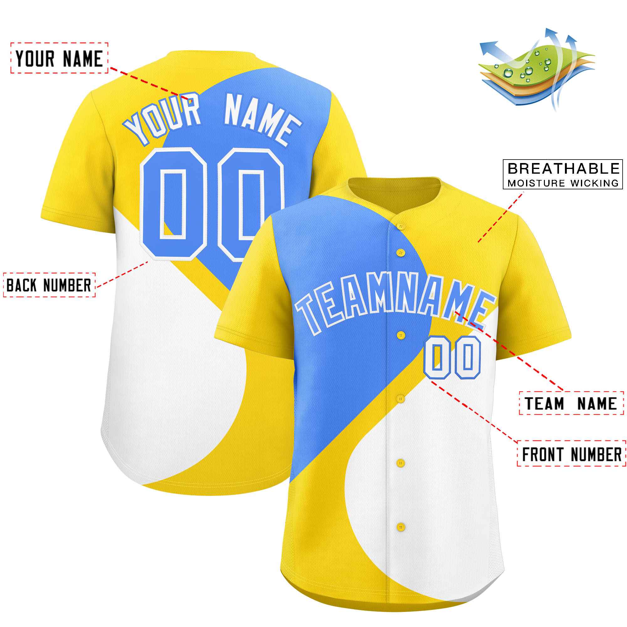 Custom Gold Powder Blue-White Color Block Personalized Half Heart Pattern Authentic Baseball Jersey| KXKSHOP