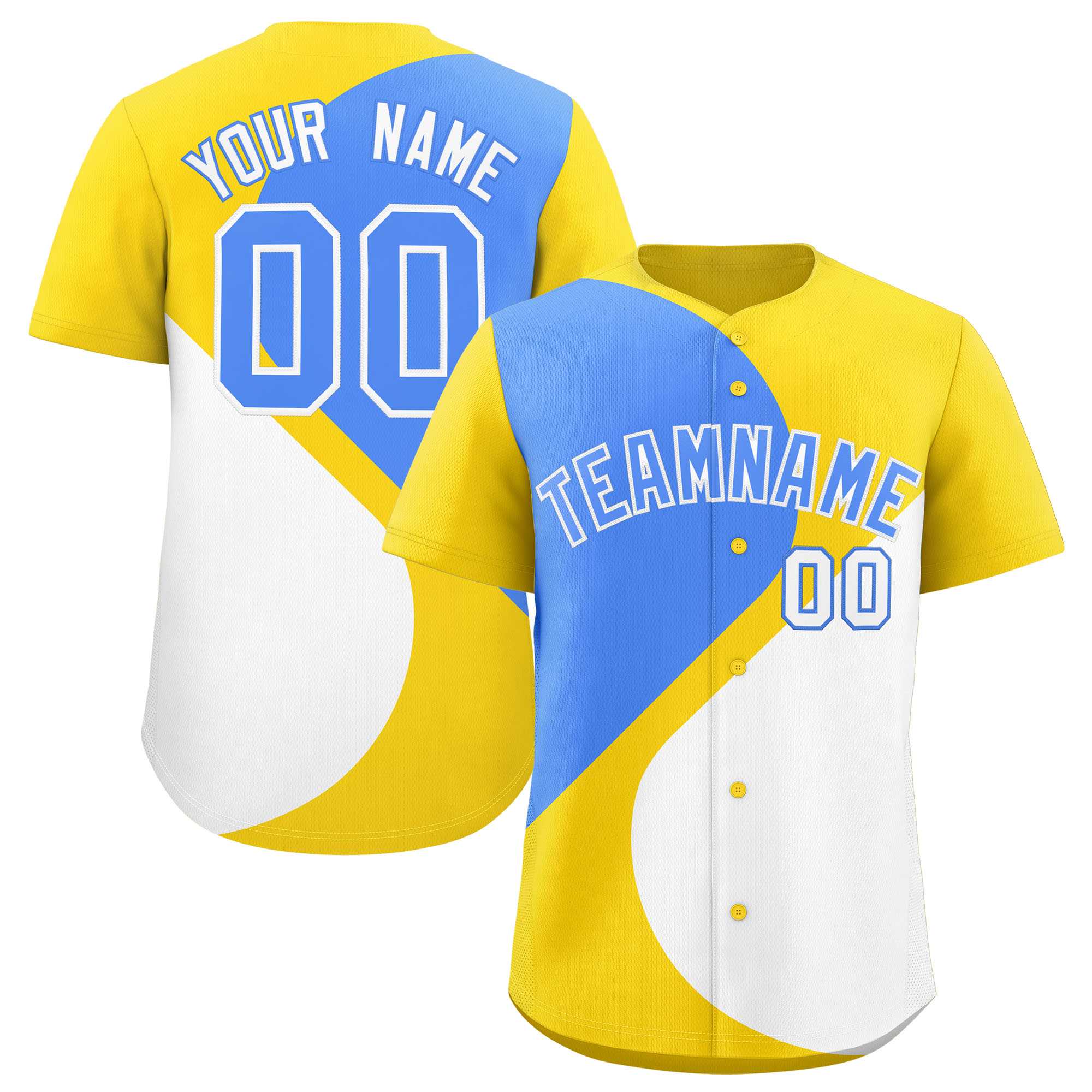 Custom Gold Powder Blue-White Color Block Personalized Half Heart Pattern Authentic Baseball Jersey| KXKSHOP