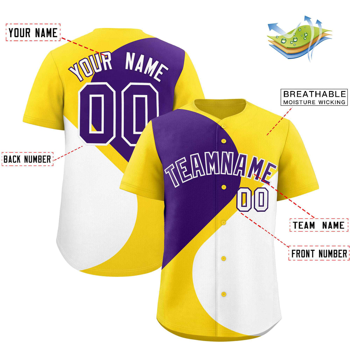Custom Gold Purple-White Color Block Personalized Half Heart Pattern Authentic Baseball Jersey| KXKSHOP