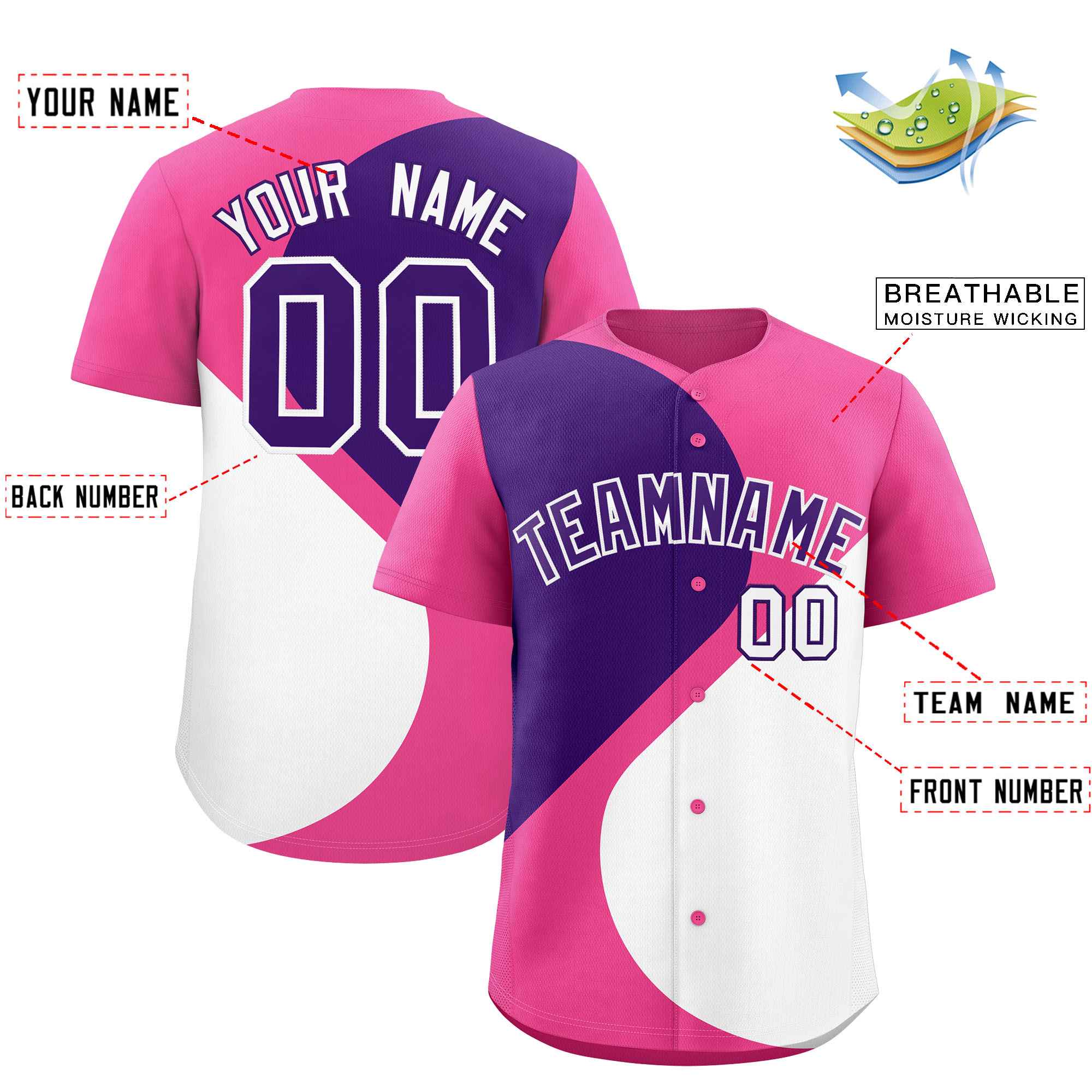 Custom Pink Purple-White Color Block Personalized Half Heart Pattern Authentic Baseball Jersey| KXKSHOP