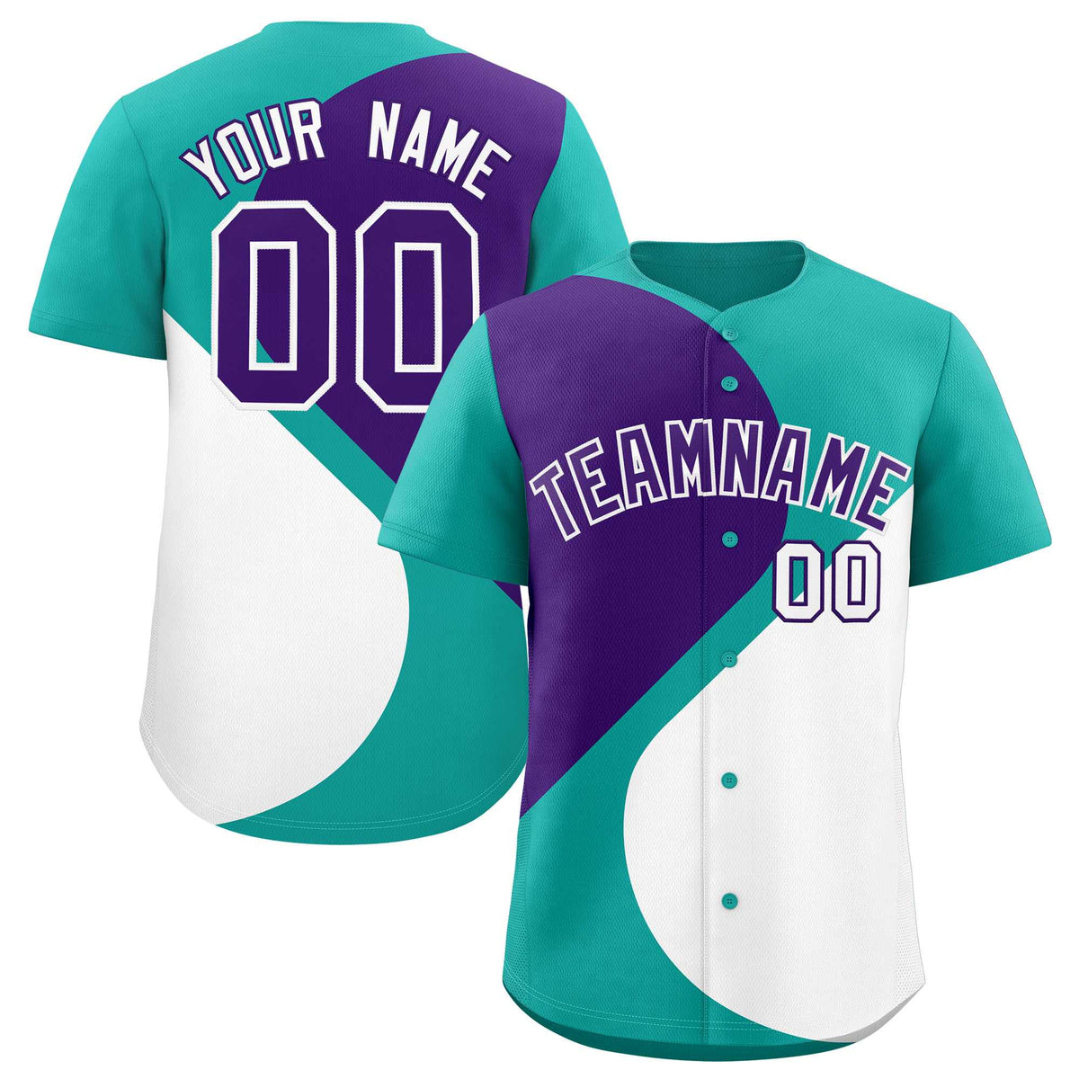 Custom Aqua Purple-White Color Block Personalized Half Heart Pattern Authentic Baseball Jersey| KXKSHOP