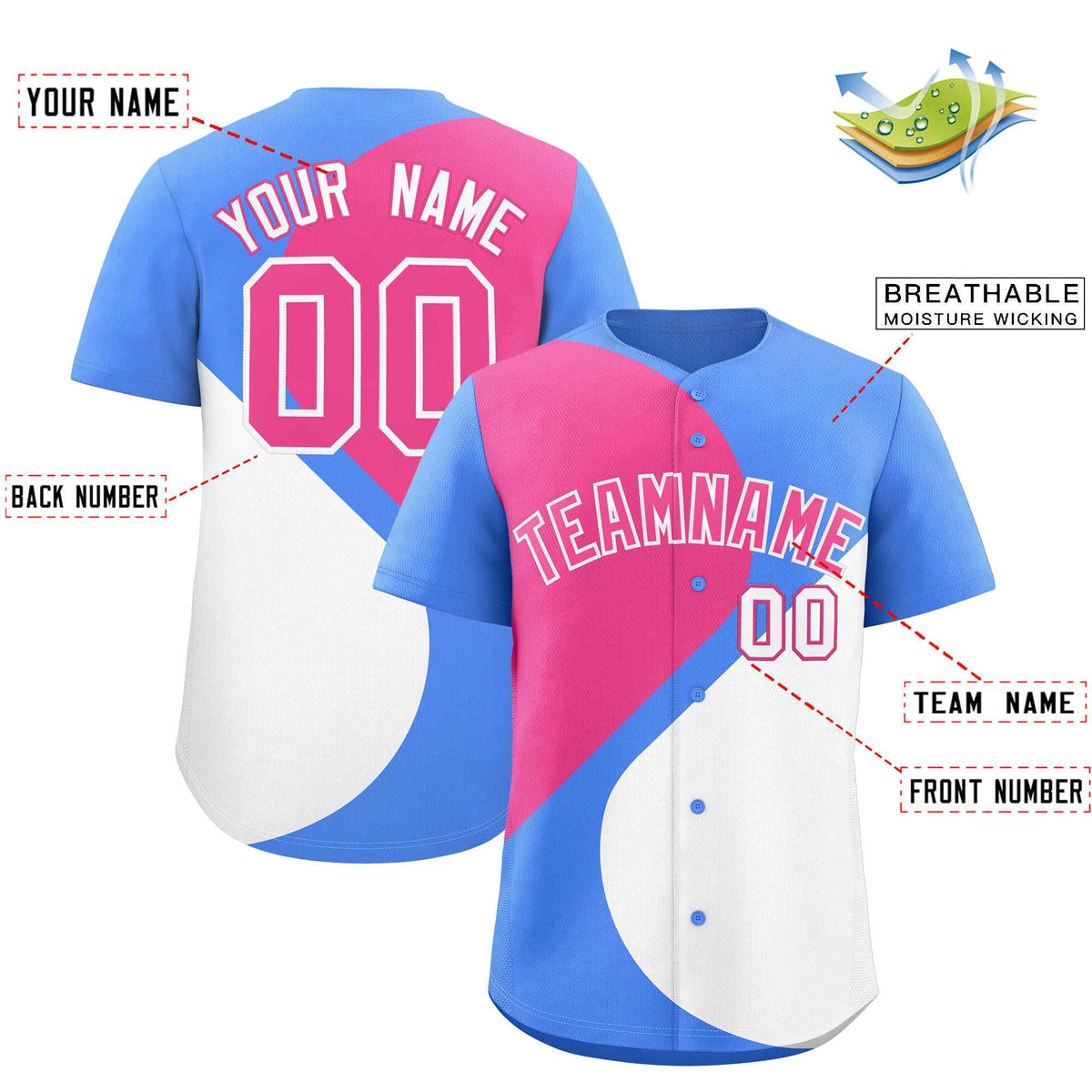 Custom Powder Blue Pink-White Color Block Personalized Half Heart Pattern Authentic Baseball Jersey| KXKSHOP