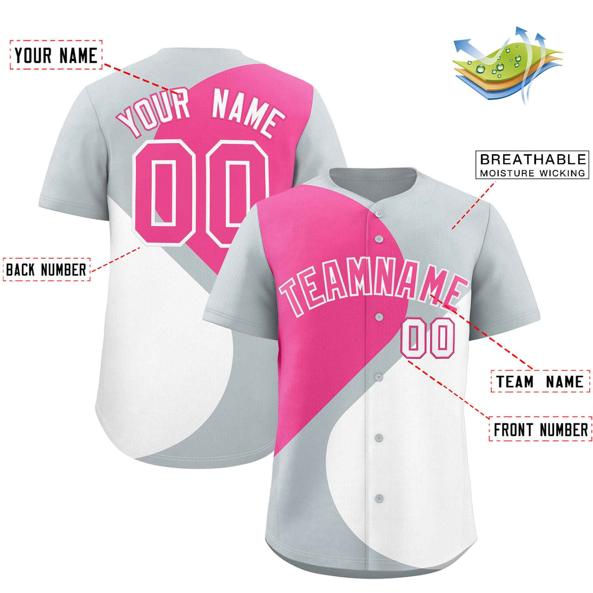 Custom Silver Pink-White Color Block Personalized Half Heart Pattern Authentic Baseball Jersey| KXKSHOP