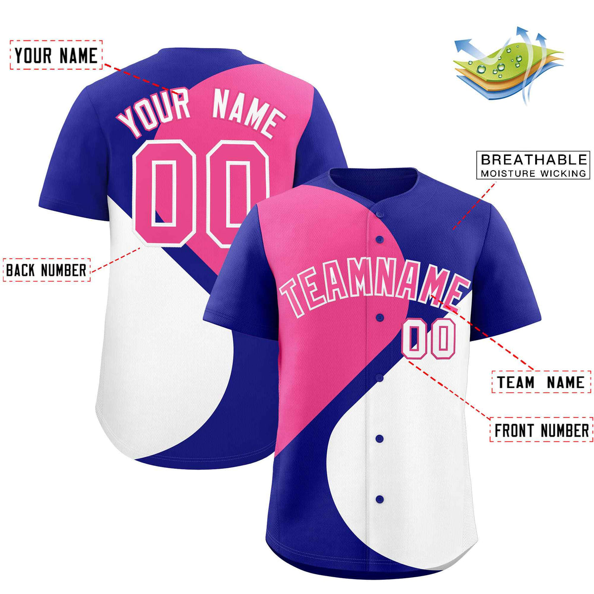 Custom Royal Pink-White Color Block Personalized Half Heart Pattern Authentic Baseball Jersey| KXKSHOP