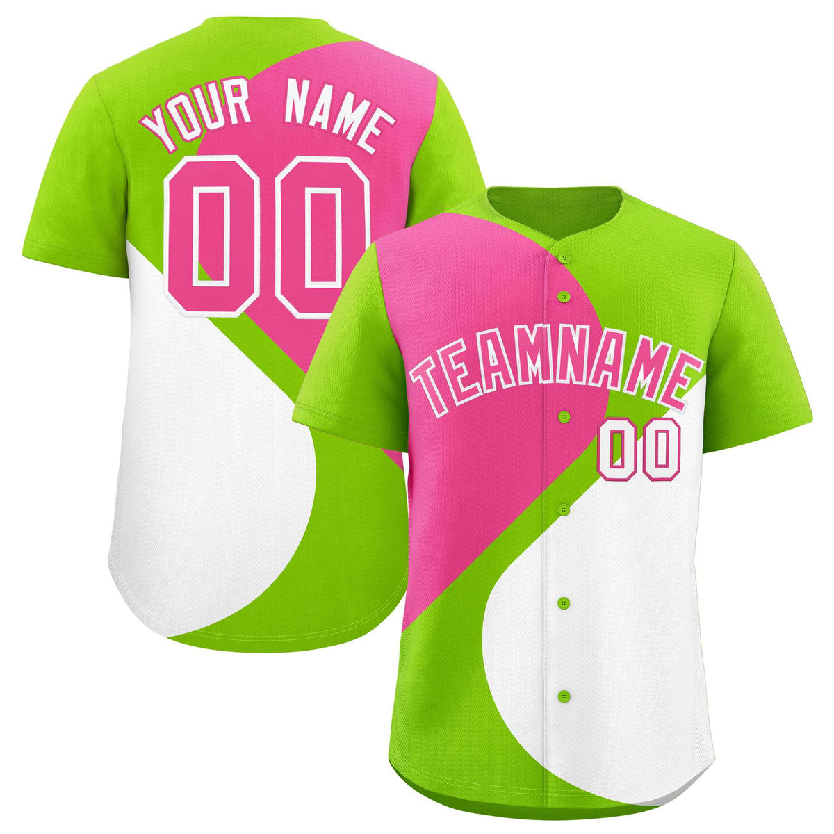 Custom Neon Green Pink-White Color Block Personalized Half Heart Pattern Authentic Baseball Jersey| KXKSHOP