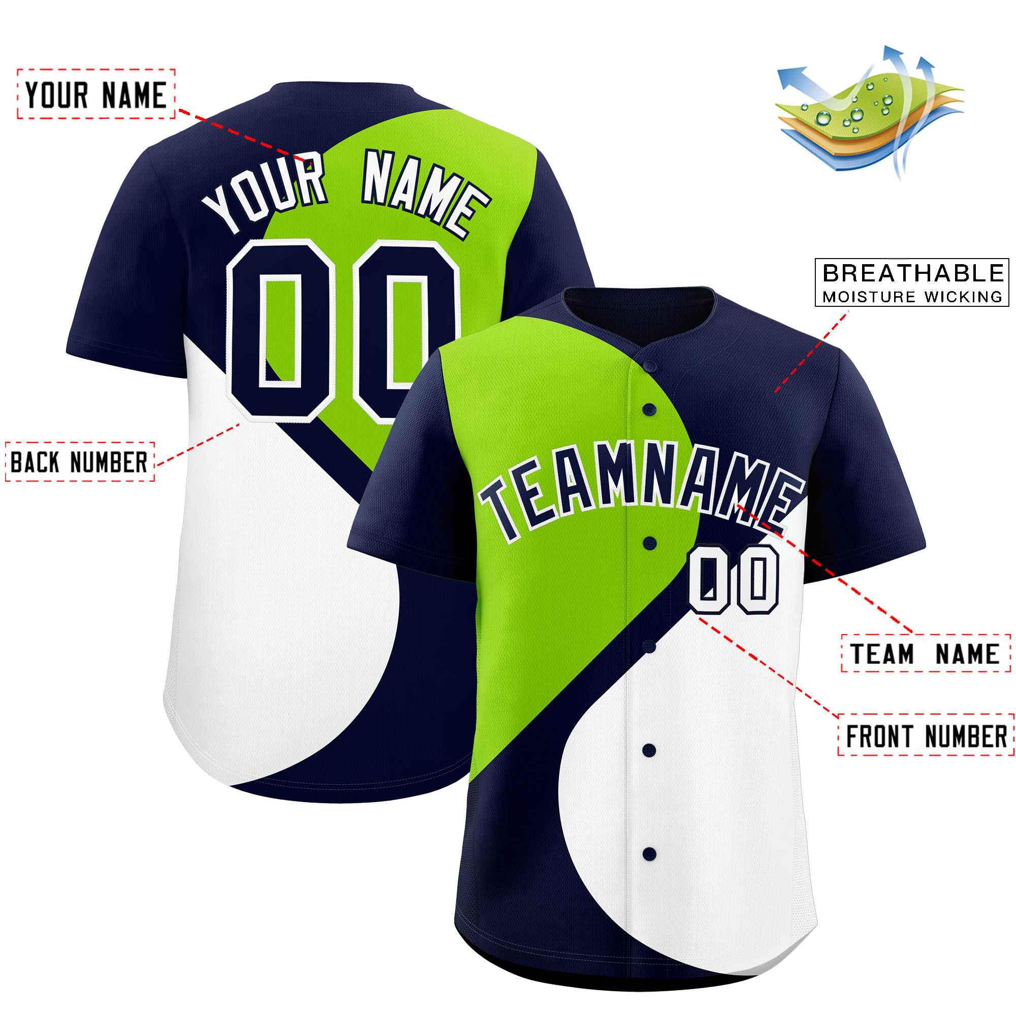 Custom Navy Neon Green-White Color Block Personalized Half Heart Pattern Authentic Baseball Jersey| KXKSHOP