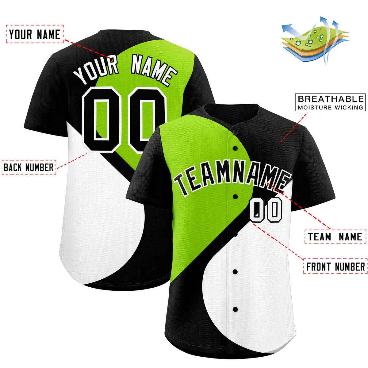 Custom Black Neon Green-White Color Block Personalized Half Heart Pattern Authentic Baseball Jersey| KXKSHOP