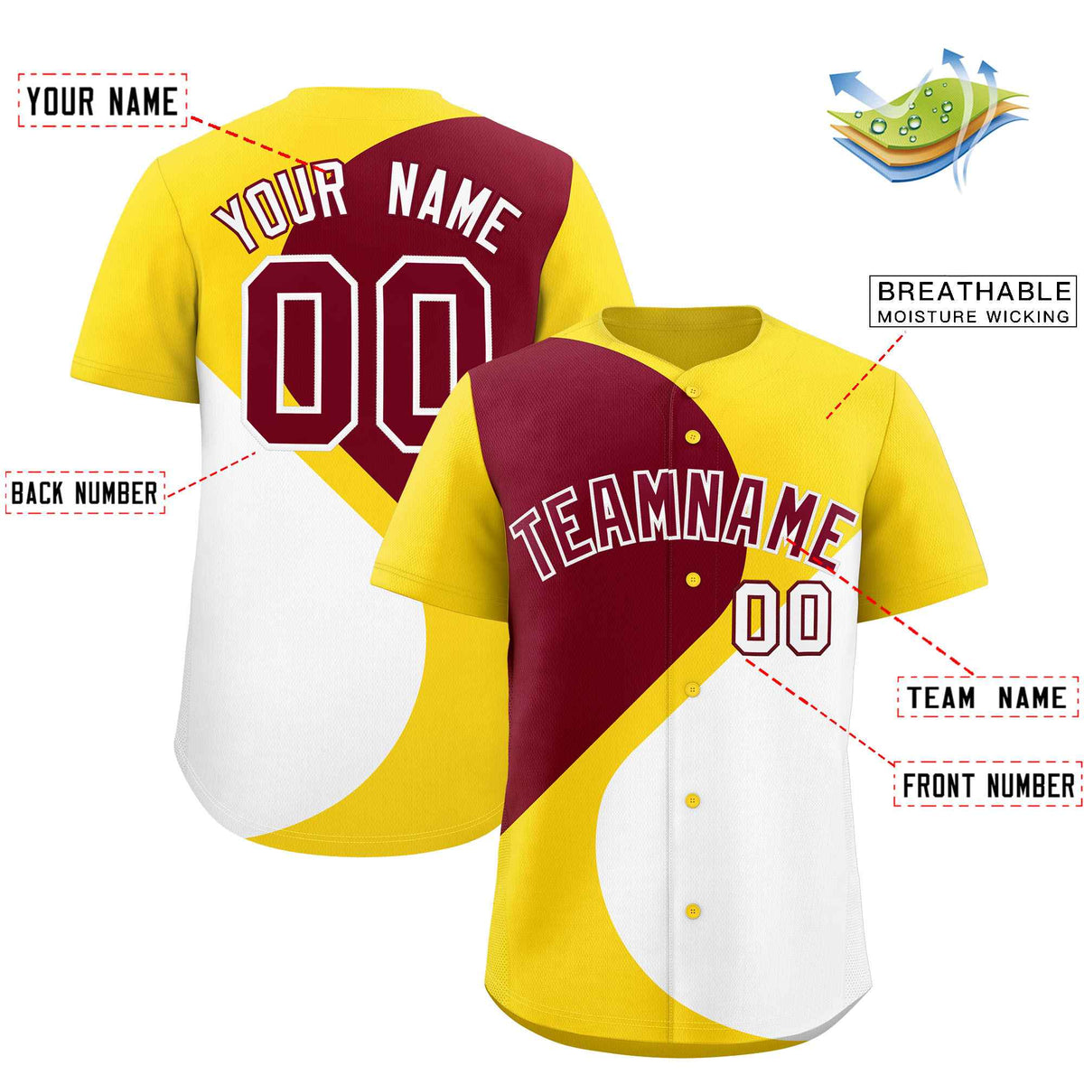 Custom Gold Crimson-White Color Block Personalized Half Heart Pattern Authentic Baseball Jersey| KXKSHOP