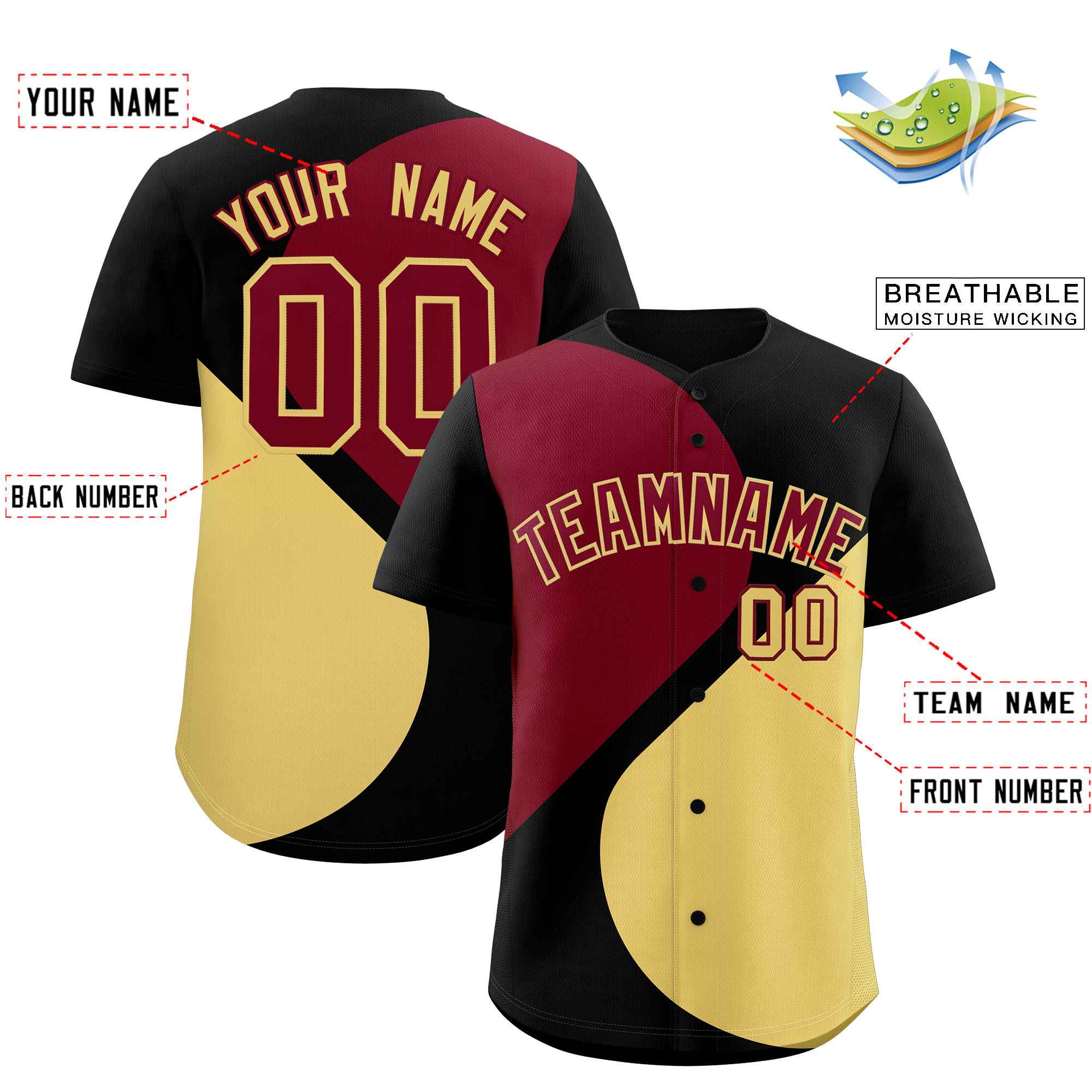 Custom Black Crimson-Khaki Color Block Personalized Half Heart Pattern Authentic Baseball Jersey| KXKSHOP