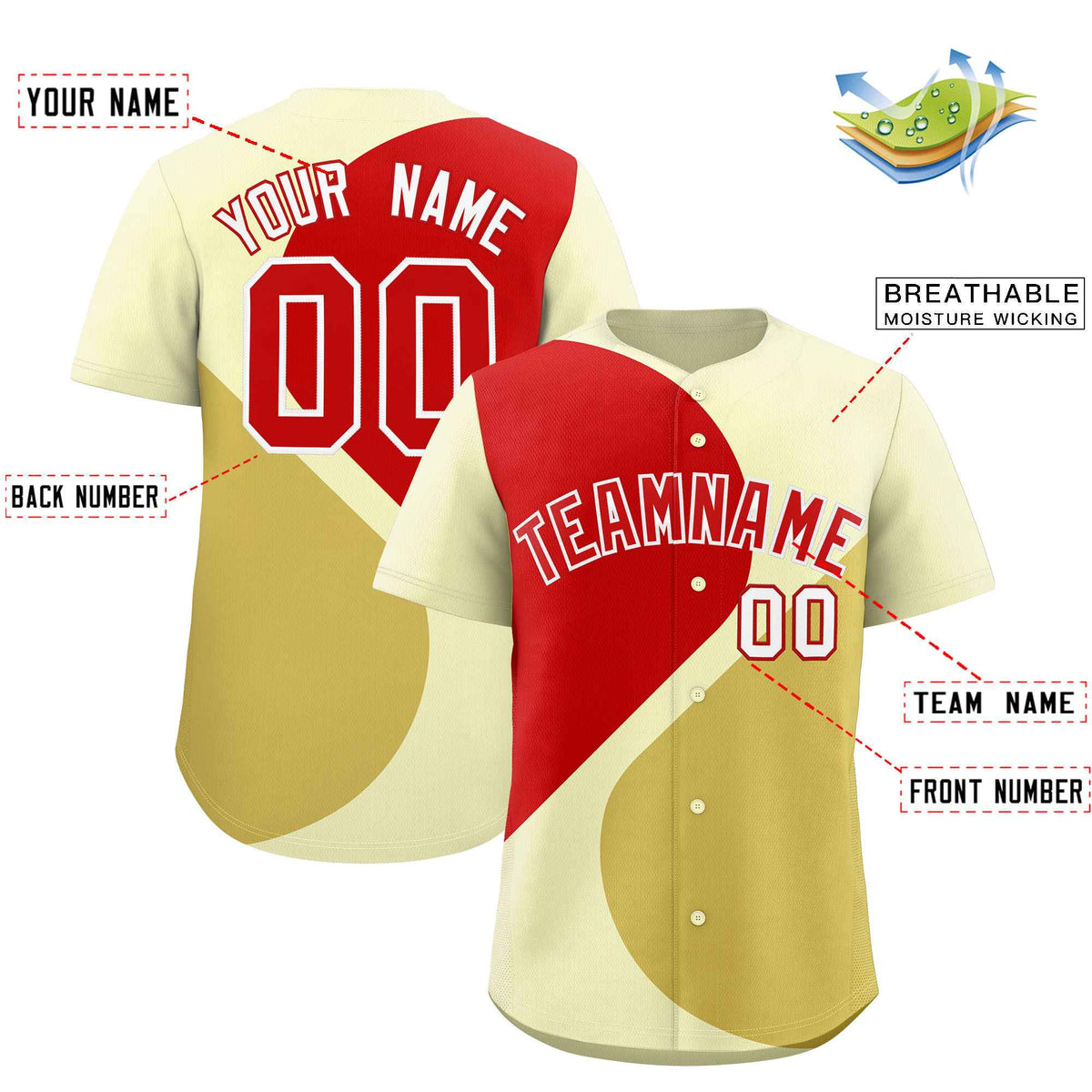 Custom Cream Red-Old Gold Color Block Personalized Half Heart Pattern Authentic Baseball Jersey| KXKSHOP