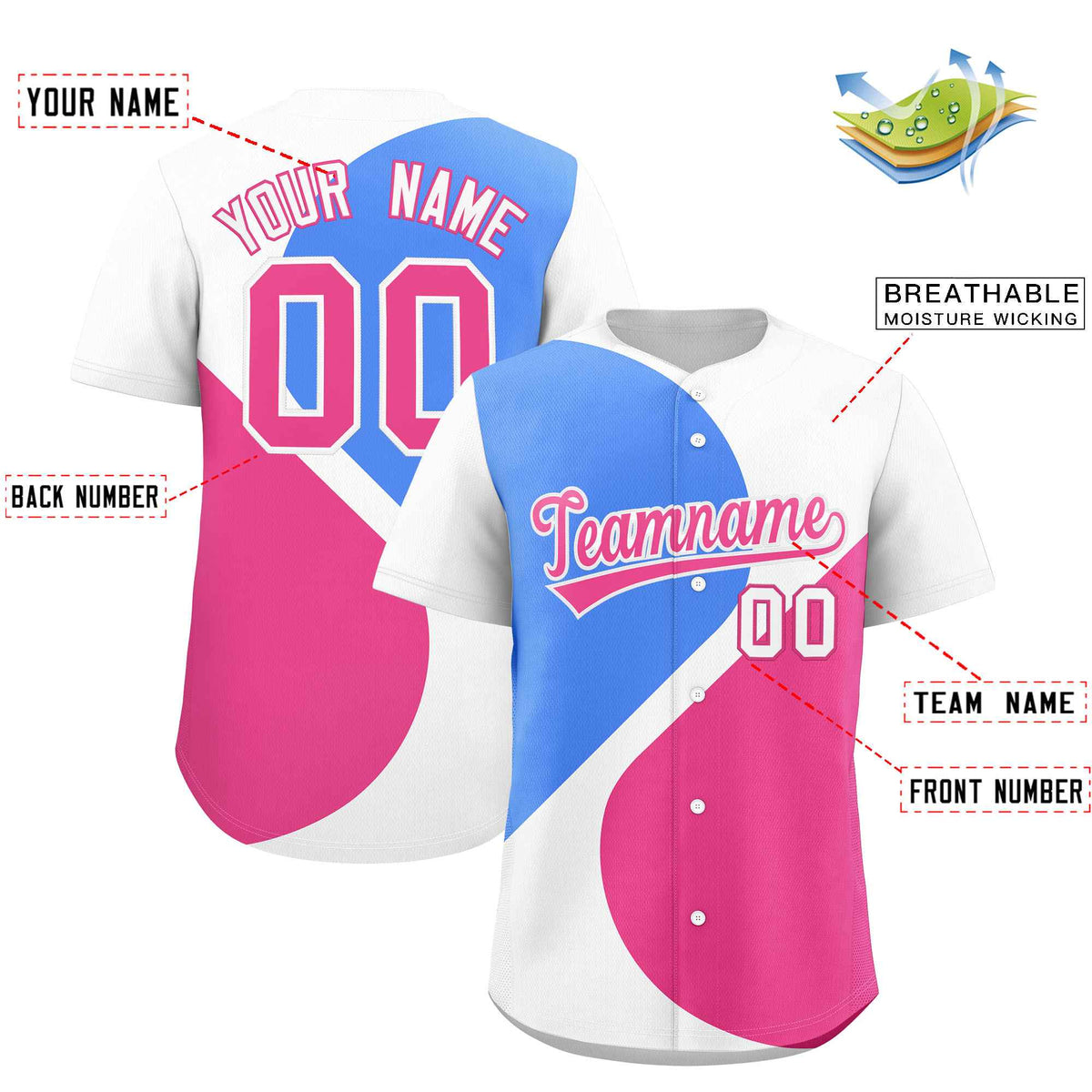 Custom White Powder Blue-Pink Color Block Personalized Half Heart Pattern Authentic Baseball Jersey| KXKSHOP