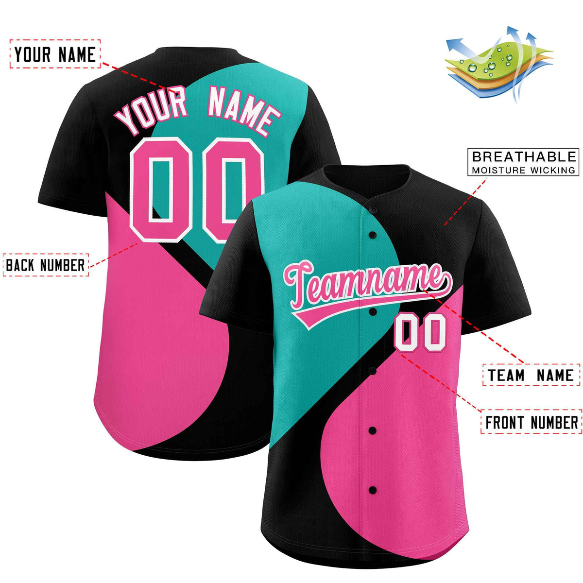Custom Black Aqua-Pink Color Block Personalized Half Heart Pattern Authentic Baseball Jersey| KXKSHOP
