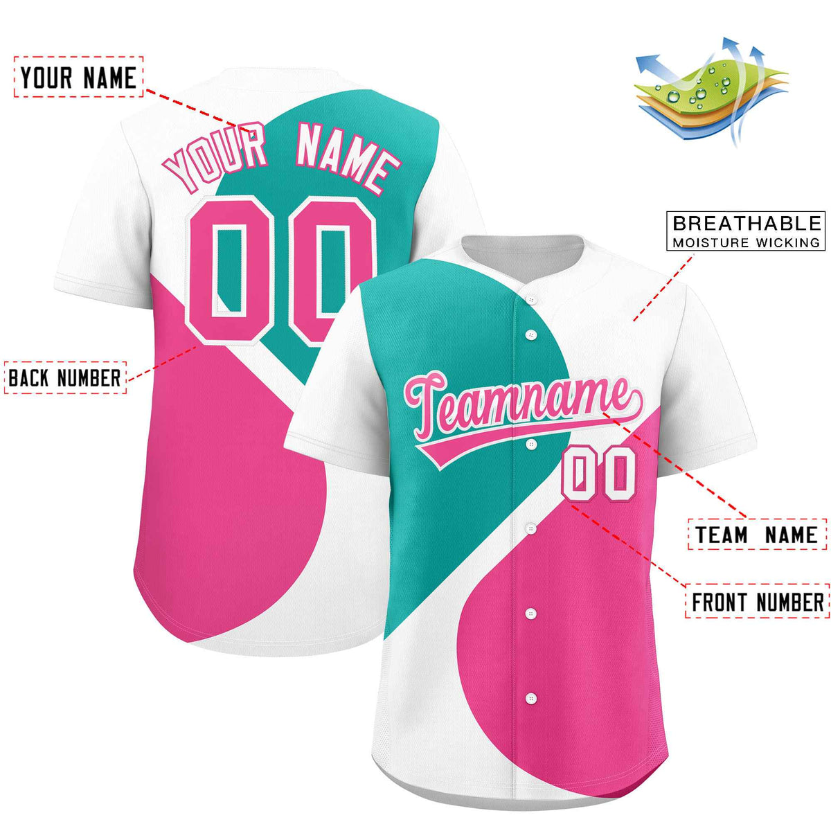 Custom White Aqua-Pink Color Block Personalized Half Heart Pattern Authentic Baseball Jersey| KXKSHOP