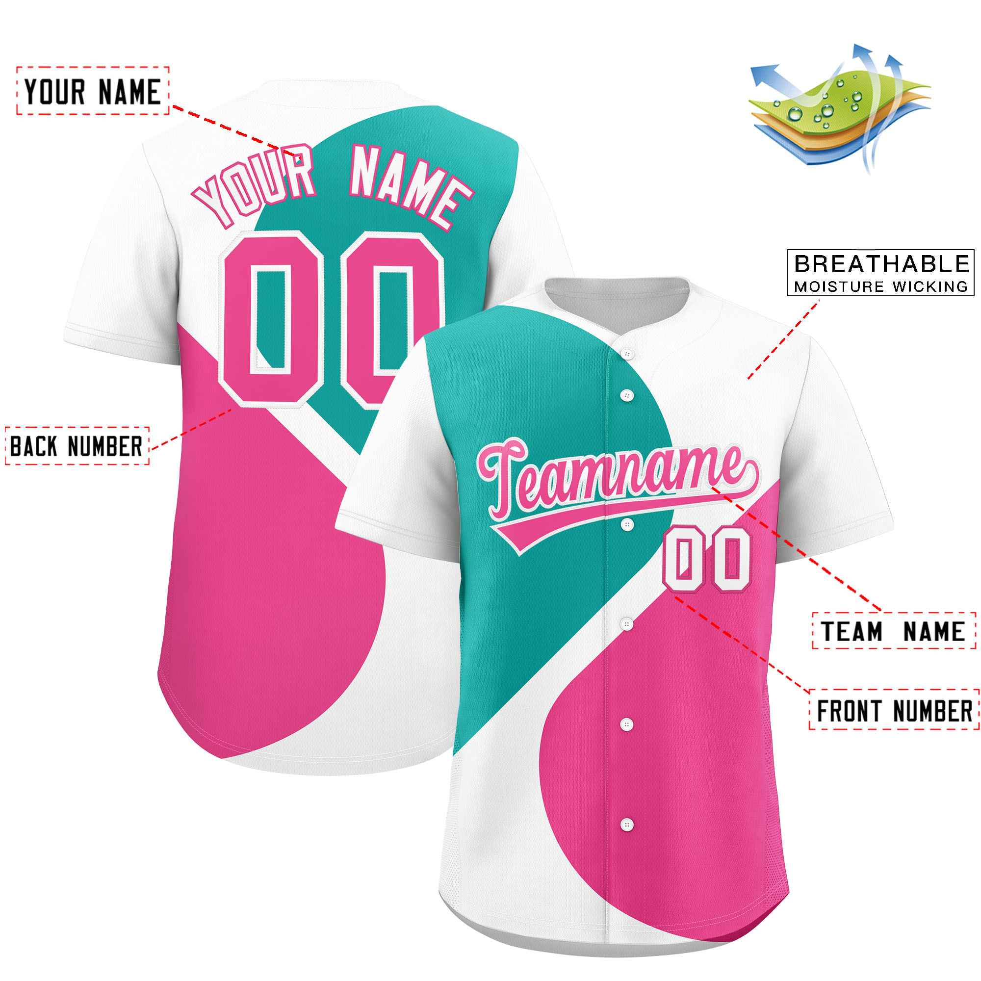 Custom White Aqua-Pink Color Block Personalized Half Heart Pattern Authentic Baseball Jersey| KXKSHOP