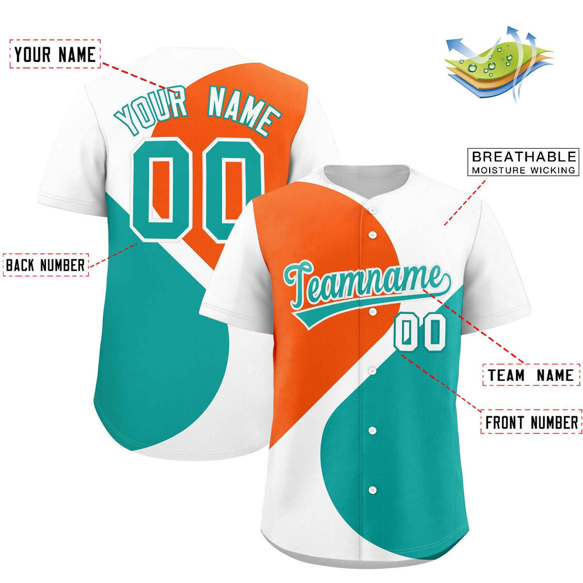 Custom White Orange-Aqua Color Block Personalized Half Heart Pattern Authentic Baseball Jersey| KXKSHOP