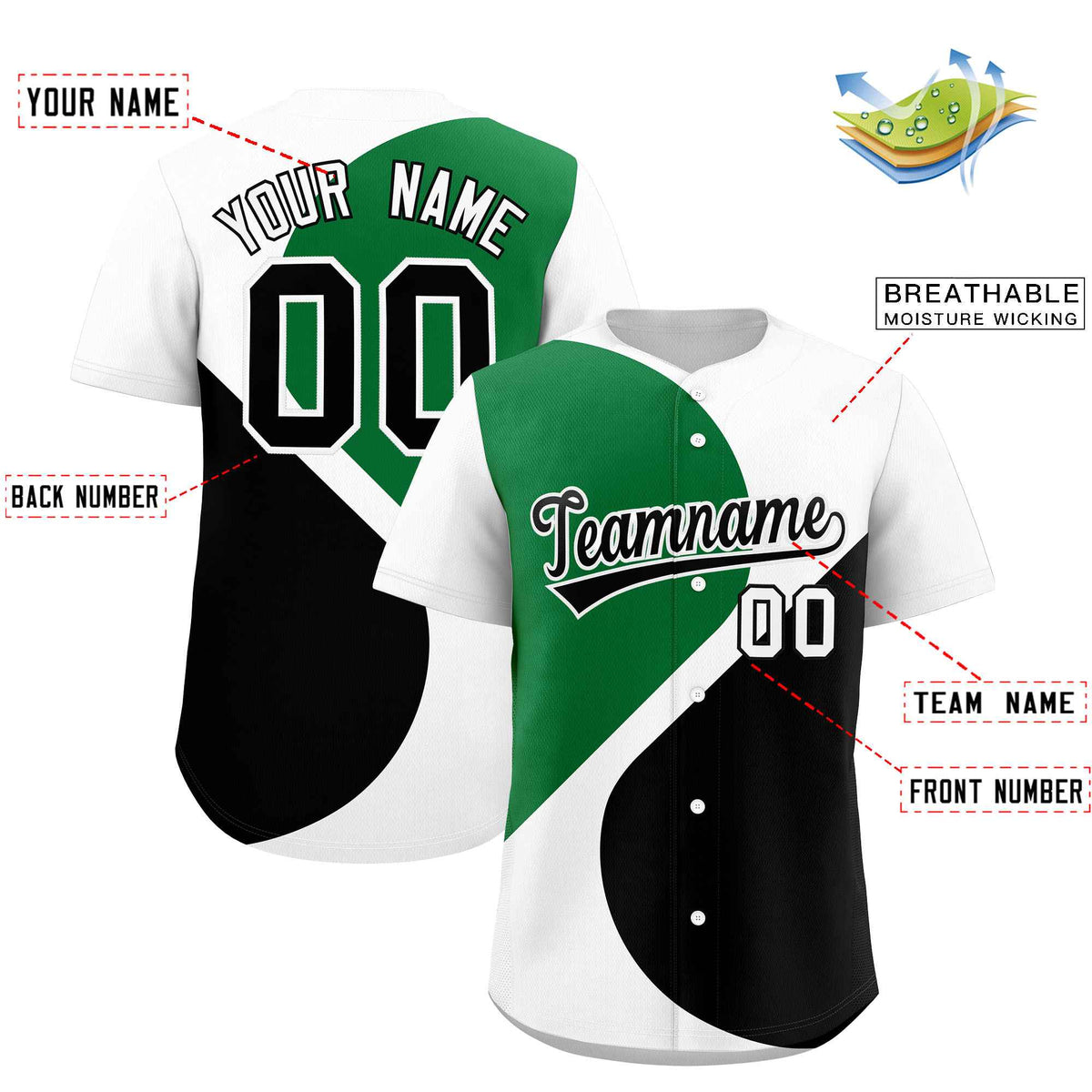 Custom White Kelly Green-Black Color Block Personalized Half Heart Pattern Authentic Baseball Jersey| KXKSHOP