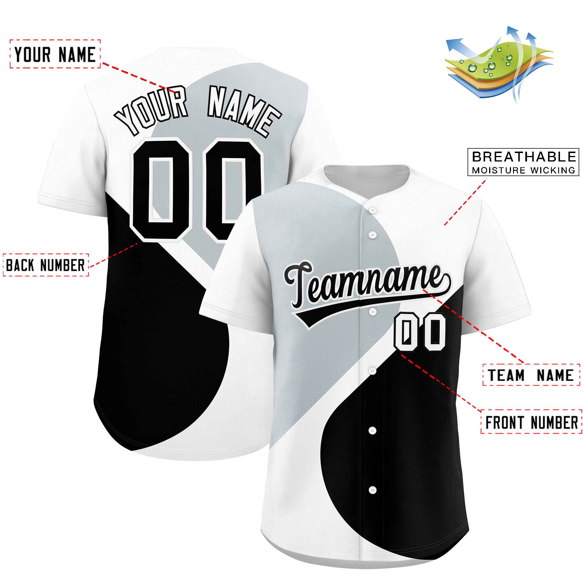 Custom White Silver-Black Color Block Personalized Half Heart Pattern Authentic Baseball Jersey| KXKSHOP