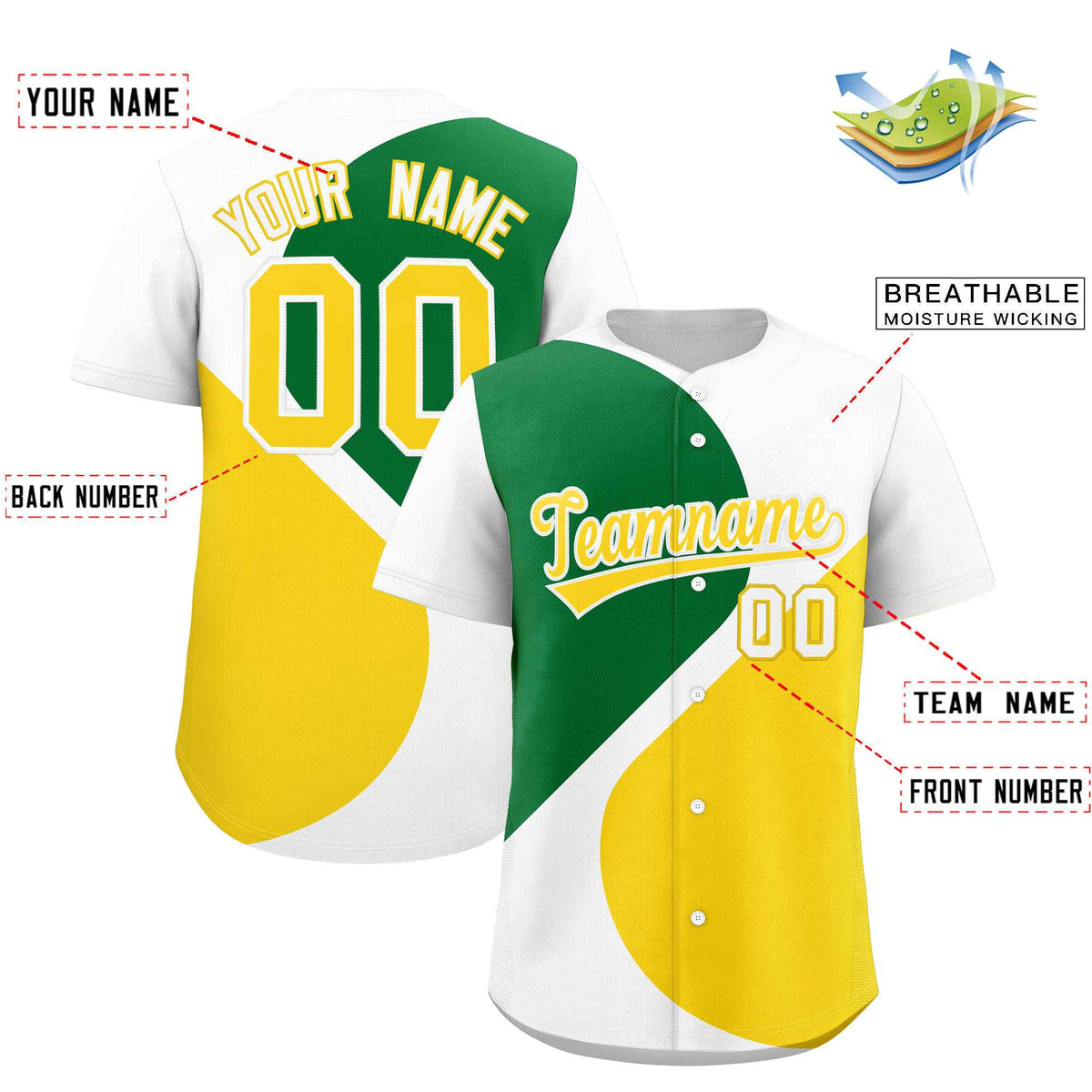 Custom White Kelly Green-Gold Color Block Personalized Half Heart Pattern Authentic Baseball Jersey| KXKSHOP