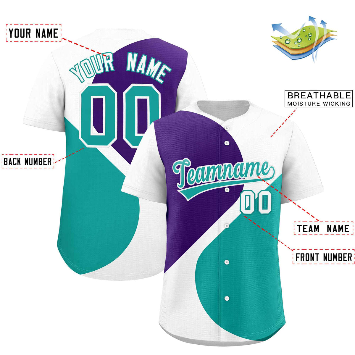 Custom White Purple-Aqua Color Block Personalized Half Heart Pattern Authentic Baseball Jersey| KXKSHOP