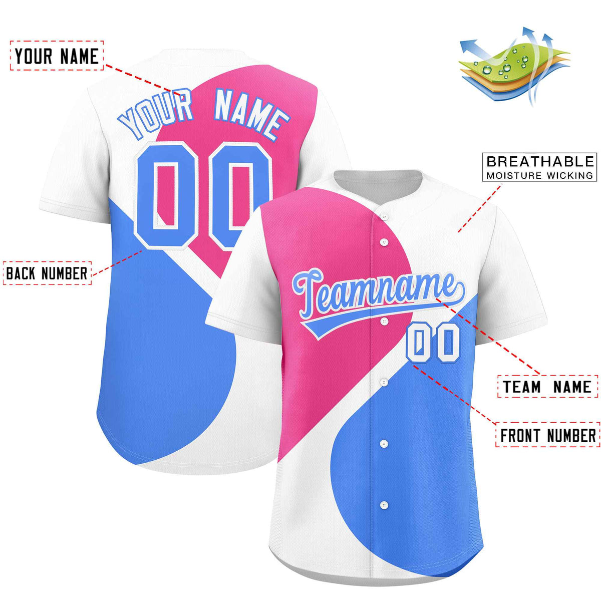 Custom White Pink-Powder Blue Color Block Personalized Half Heart Pattern Authentic Baseball Jersey| KXKSHOP