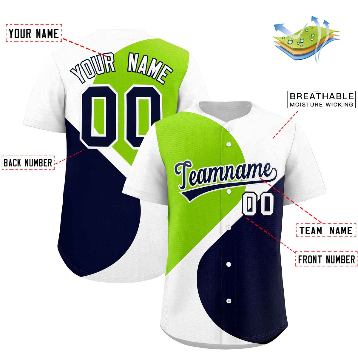 Custom White Neon Green-Navy Color Block Personalized Half Heart Pattern Authentic Baseball Jersey| KXKSHOP