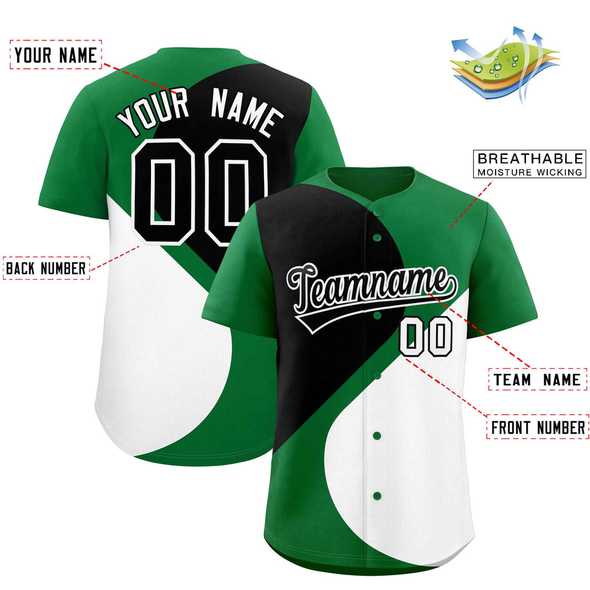 Custom Kelly Green Black-White Color Block Personalized Half Heart Pattern Authentic Baseball Jersey| KXKSHOP