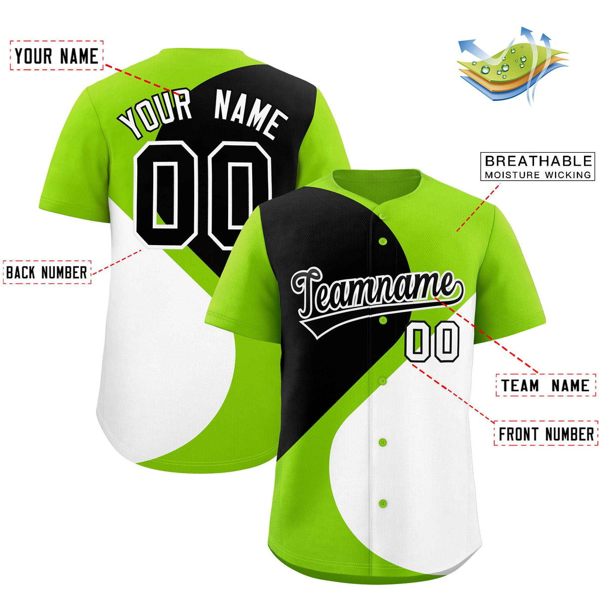 Custom Neon Green Black-White Color Block Personalized Half Heart Pattern Authentic Baseball Jersey| KXKSHOP