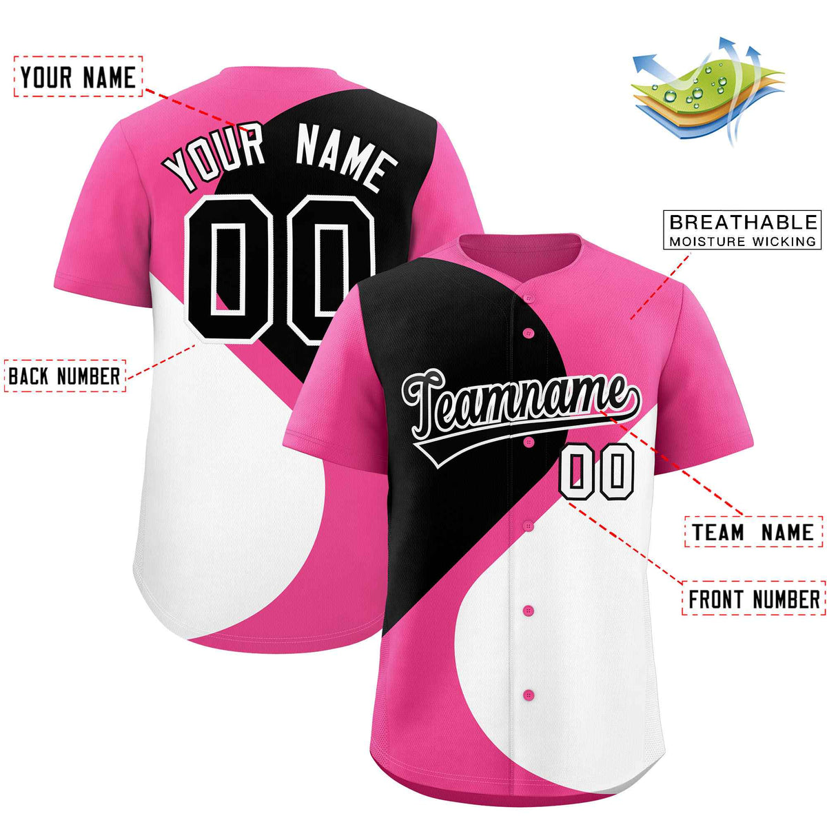 Custom Pink Black-White Color Block Personalized Half Heart Pattern Authentic Baseball Jersey| KXKSHOP