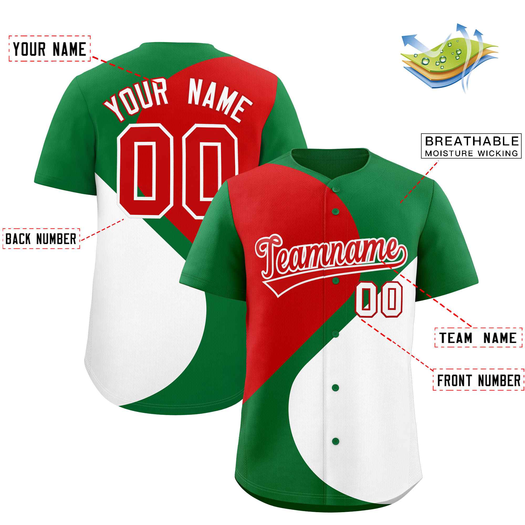 Custom Kelly Green Red-White Color Block Personalized Half Heart Pattern Authentic Baseball Jersey| KXKSHOP