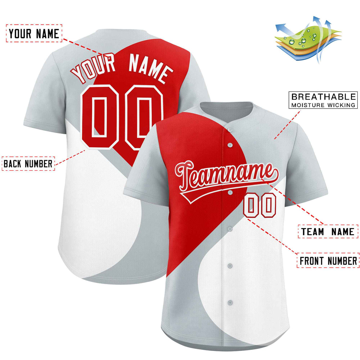 Custom Silver Red-White Color Block Personalized Half Heart Pattern Authentic Baseball Jersey| KXKSHOP