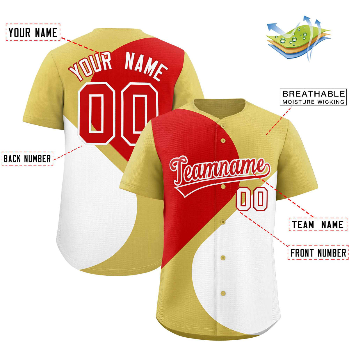 Custom Old Gold Red-White Color Block Personalized Half Heart Pattern Authentic Baseball Jersey| KXKSHOP