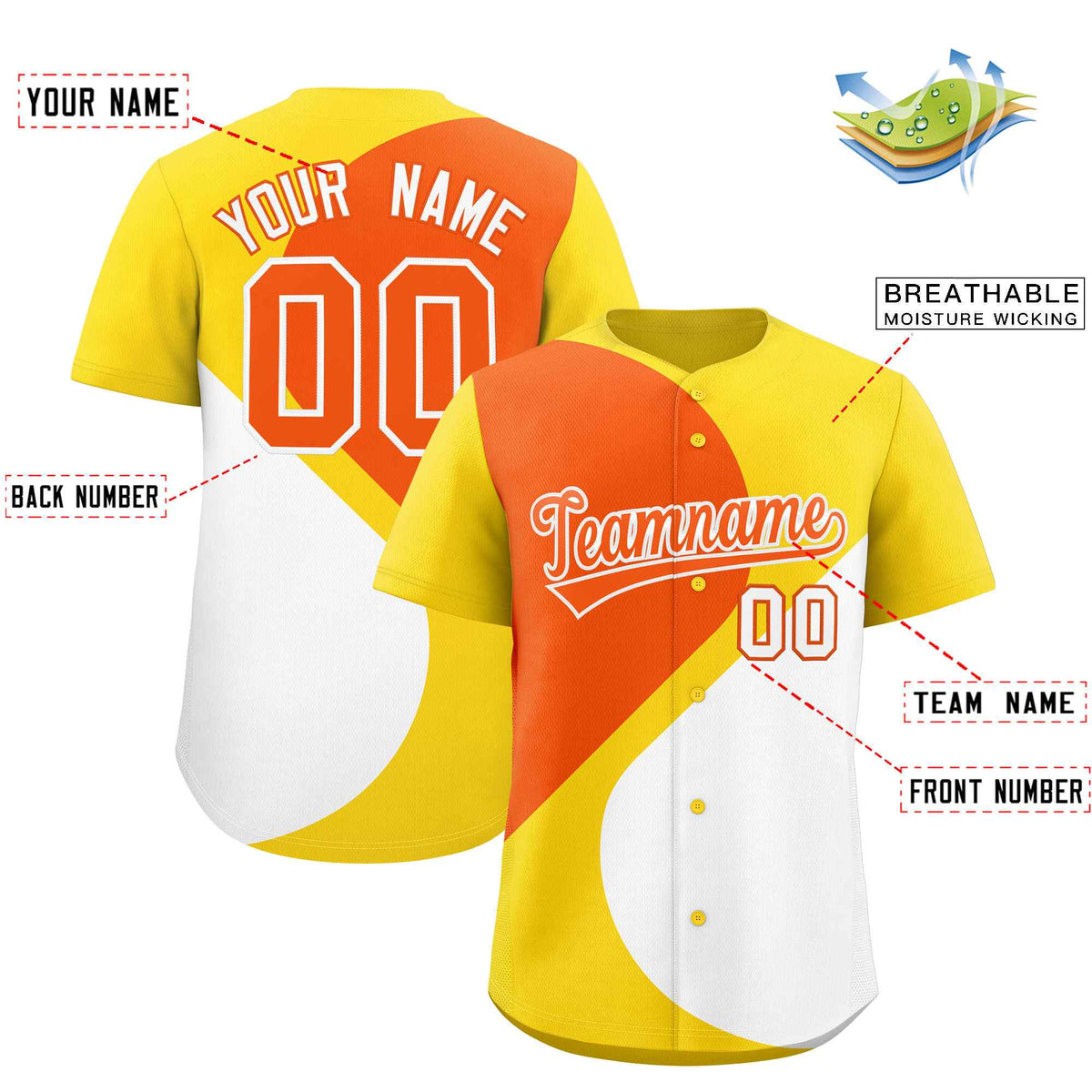 Custom Gold Orange-White Color Block Personalized Half Heart Pattern Authentic Baseball Jersey| KXKSHOP